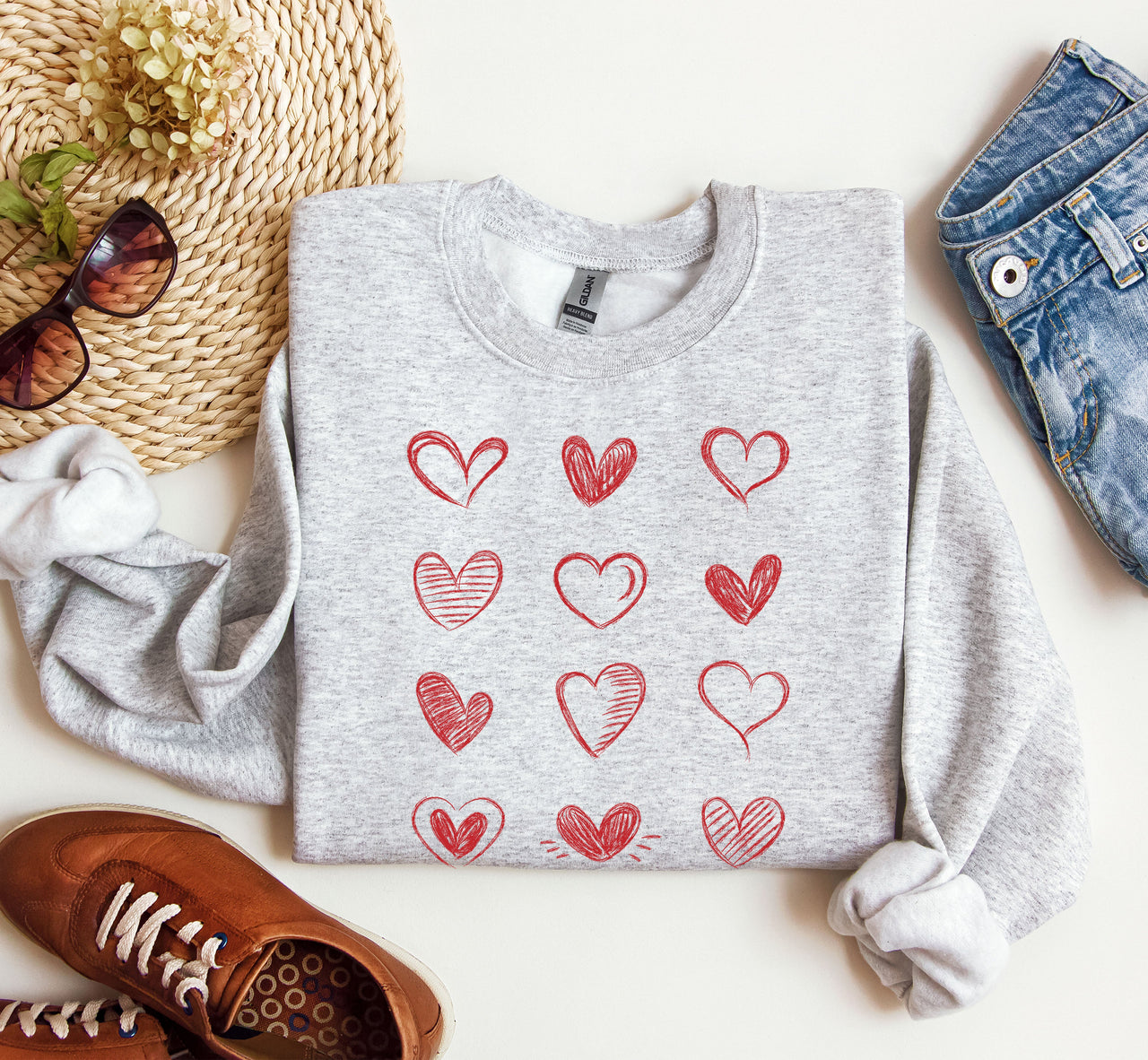 Retro Chic Hearts Vintage Valentine's Day Nostalgic Romance Graphic Print Sweatshirt