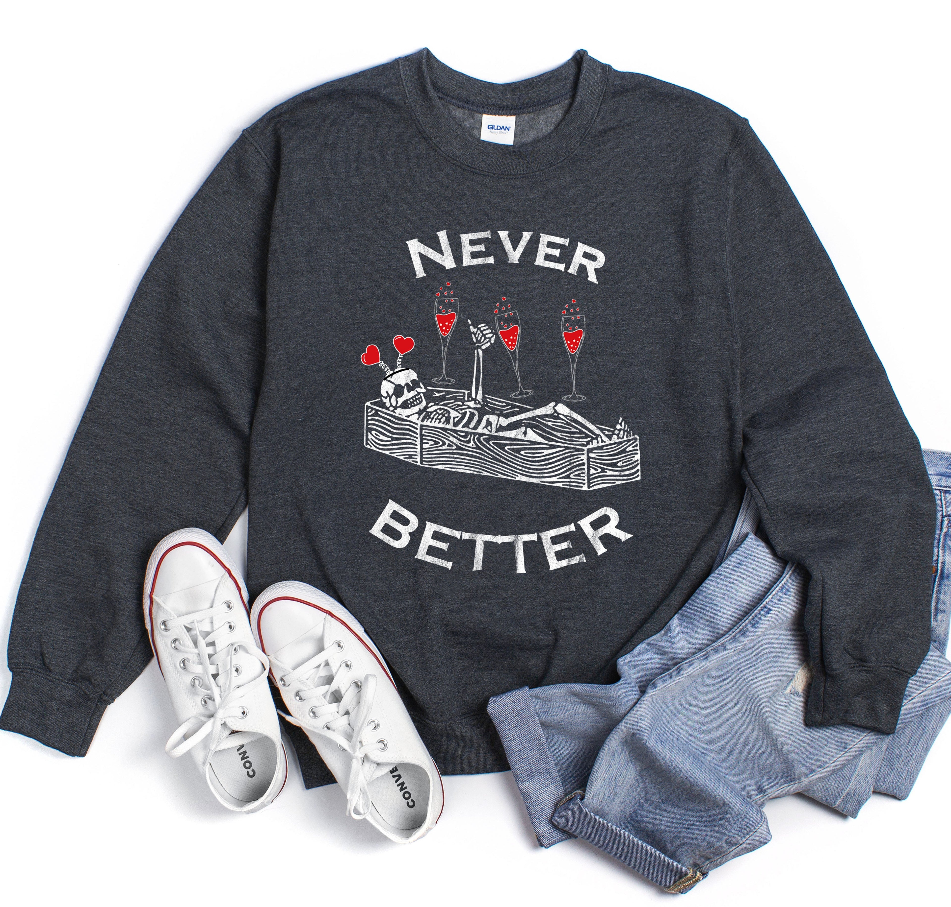 Never Better Lover Skeleton Vintage Valentine's Day Heartwarming Retro Cozy Fleece Sweatshirt
