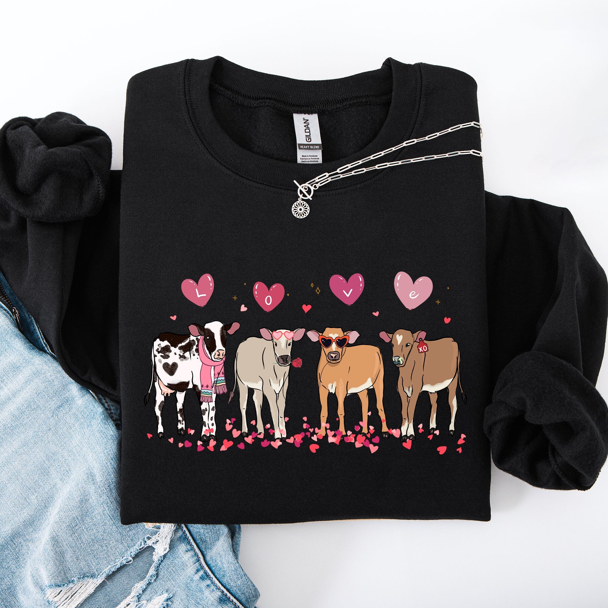 Valentine's Calves And Cows Farm Life Hearts Love For Animals Farmhouse Design Sweatshirt