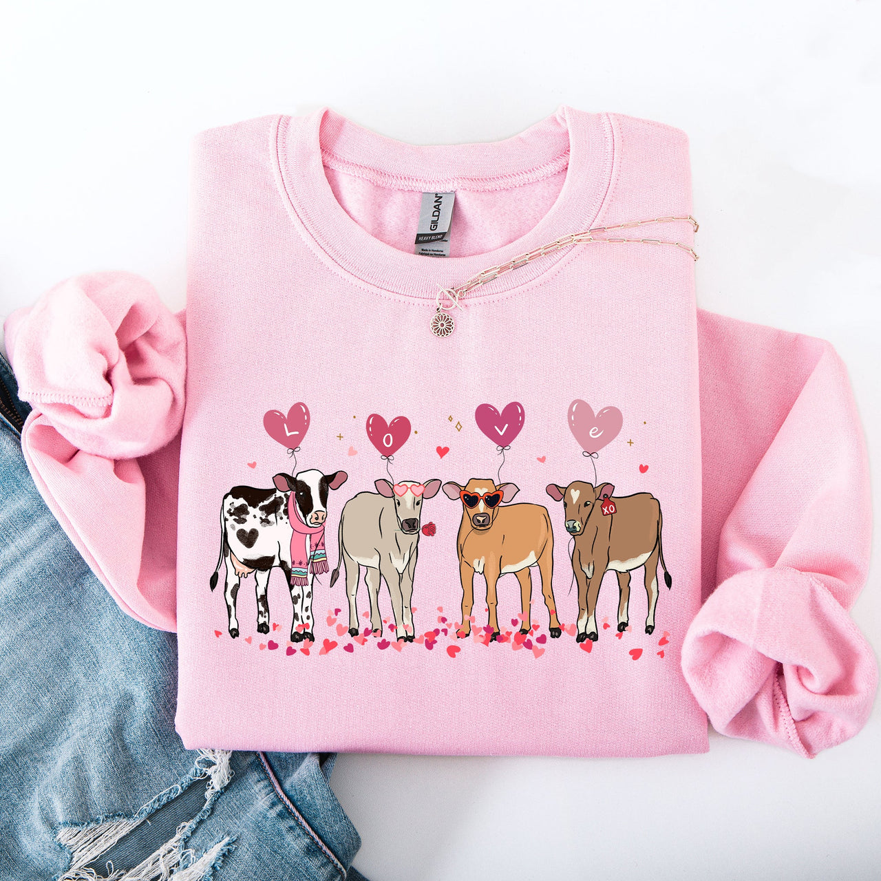Valentine's Calves And Cows Farm Life Hearts Love For Animals Farmhouse Design Sweatshirt