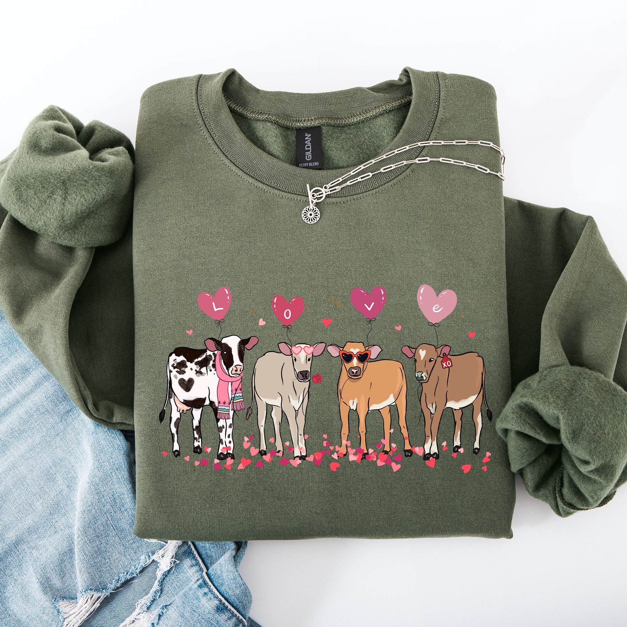 Valentine's Calves And Cows Farm Life Hearts Love For Animals Farmhouse Design Sweatshirt