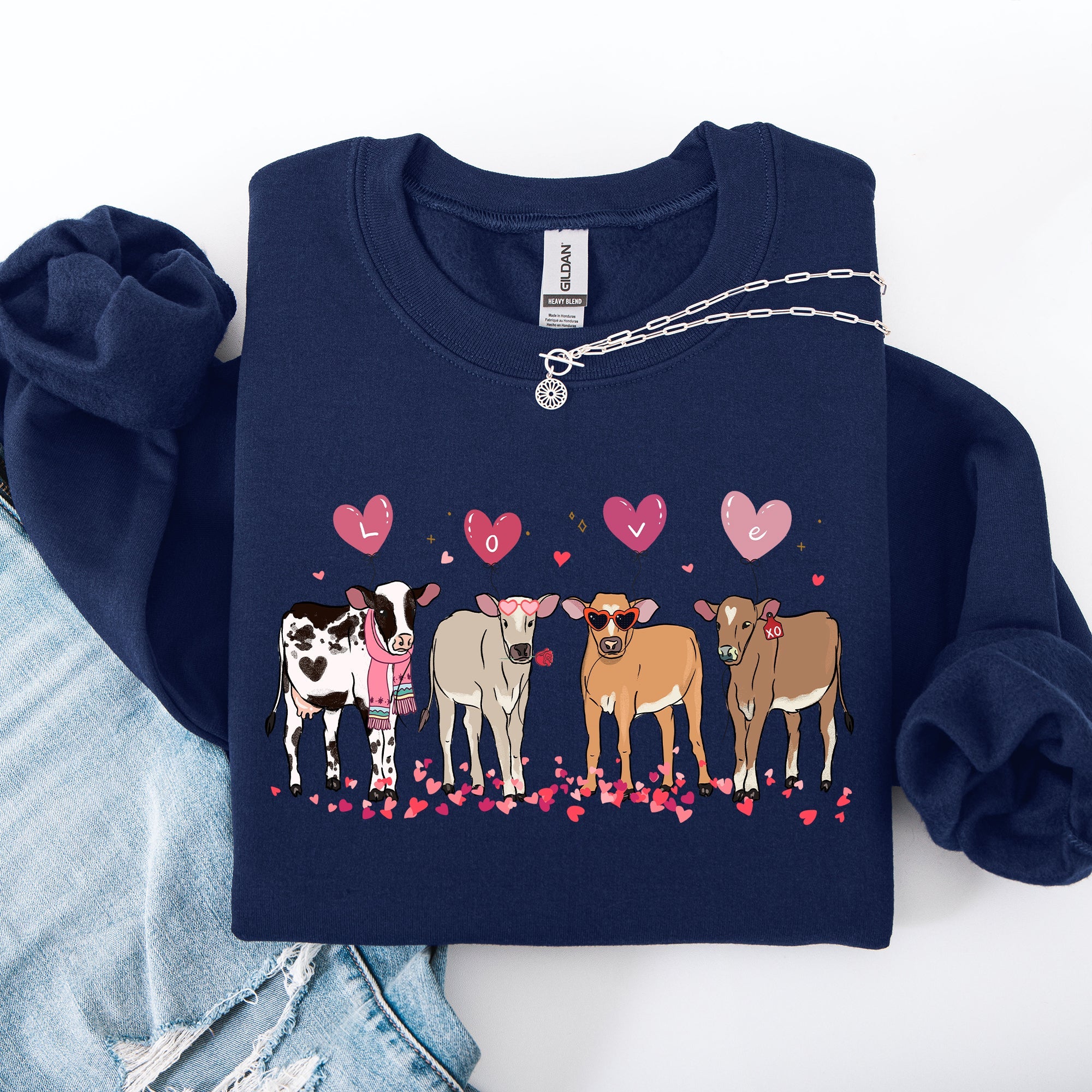 Valentine's Calves And Cows Farm Life Hearts Love For Animals Farmhouse Design Sweatshirt