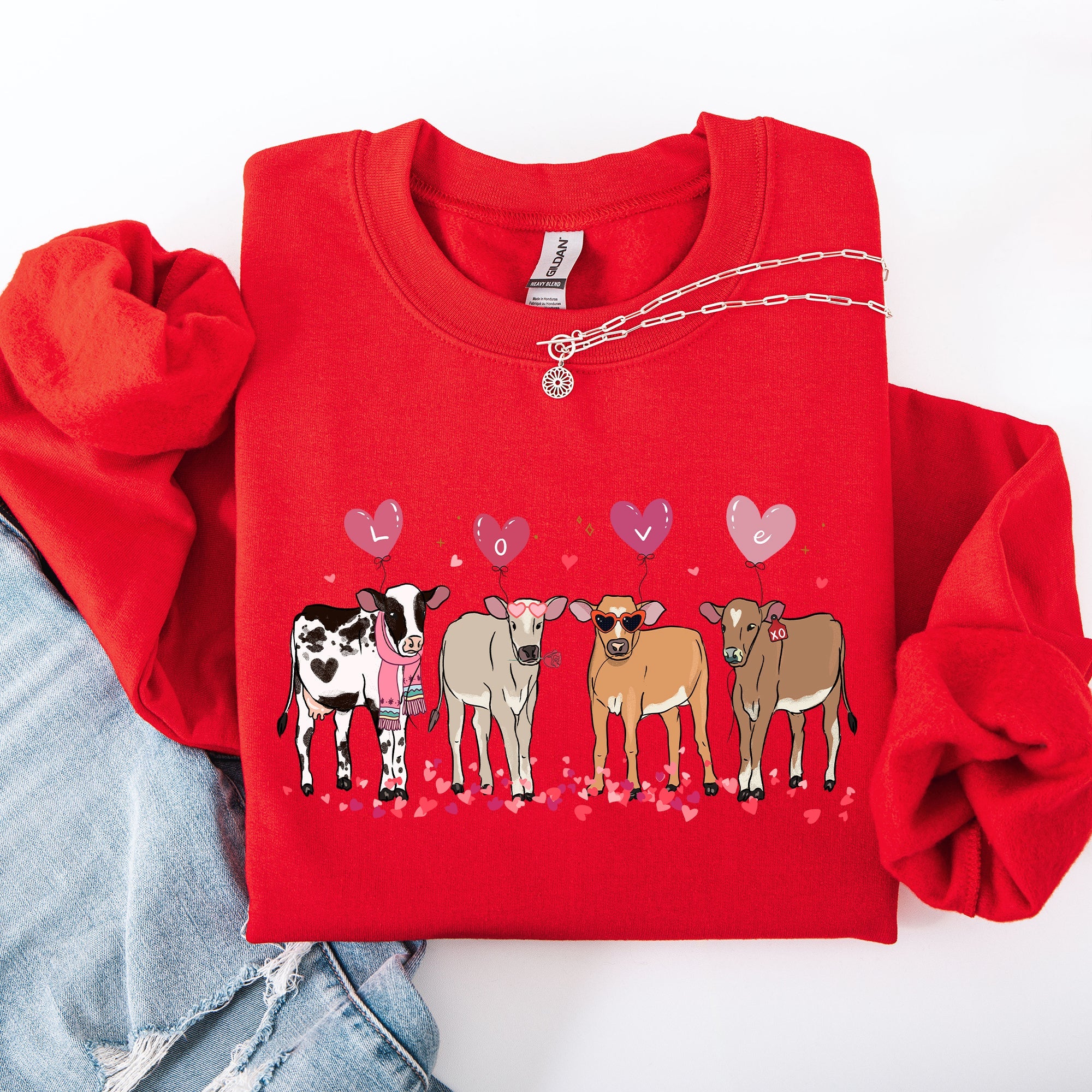 Valentine's Calves And Cows Farm Life Hearts Love For Animals Farmhouse Design Sweatshirt