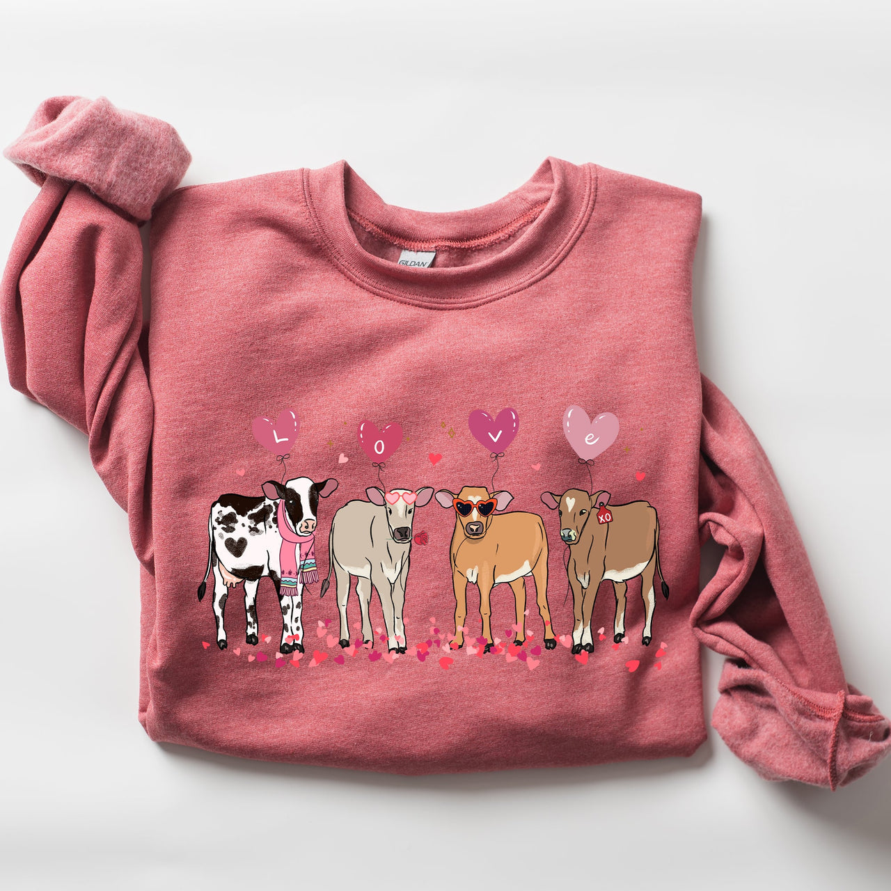 Valentine's Calves And Cows Farm Life Hearts Love For Animals Farmhouse Design Sweatshirt