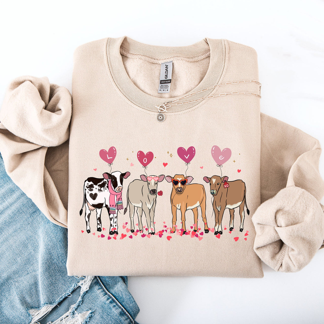 Valentine's Calves And Cows Farm Life Hearts Love For Animals Farmhouse Design Sweatshirt