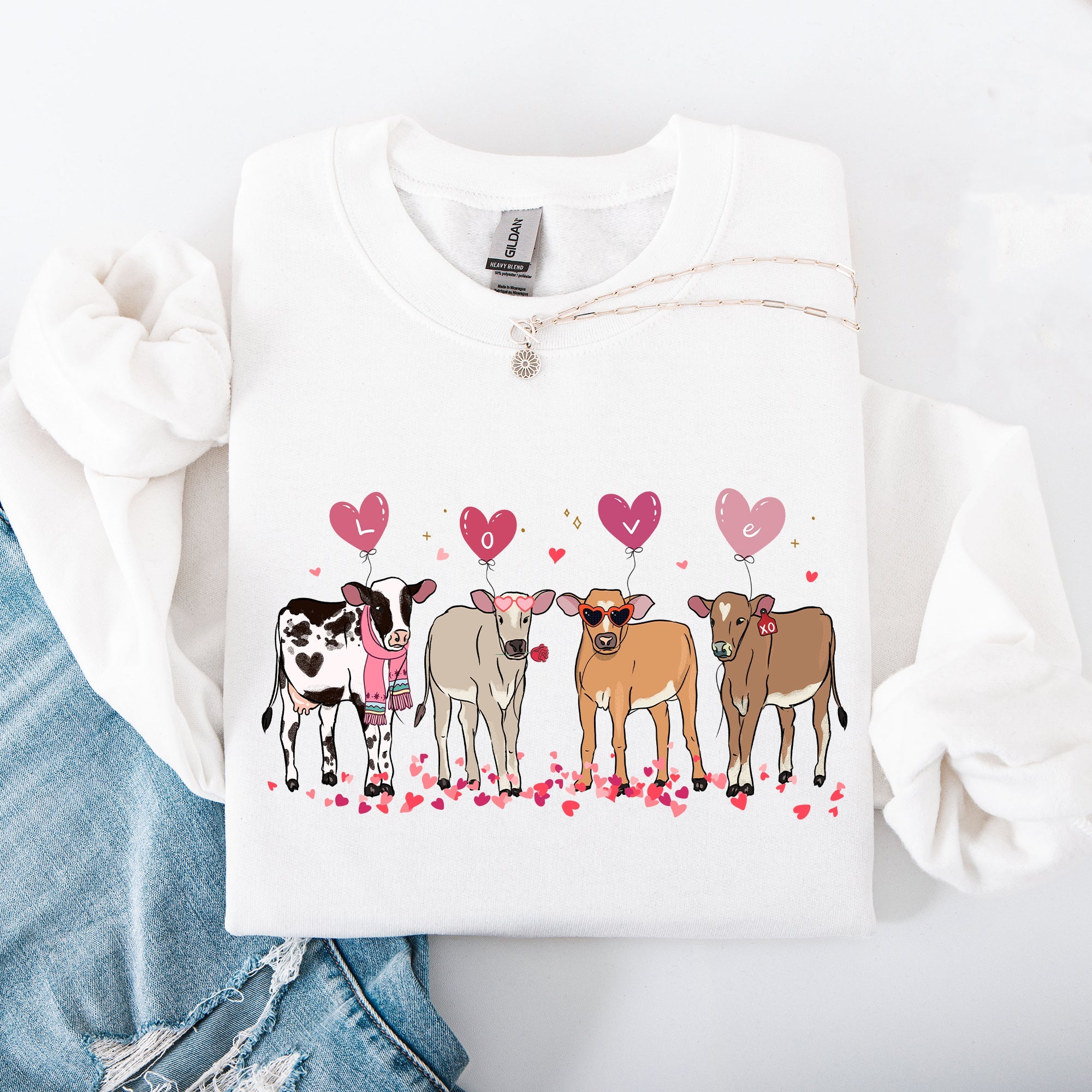 Valentine's Calves And Cows Farm Life Hearts Love For Animals Farmhouse Design Sweatshirt