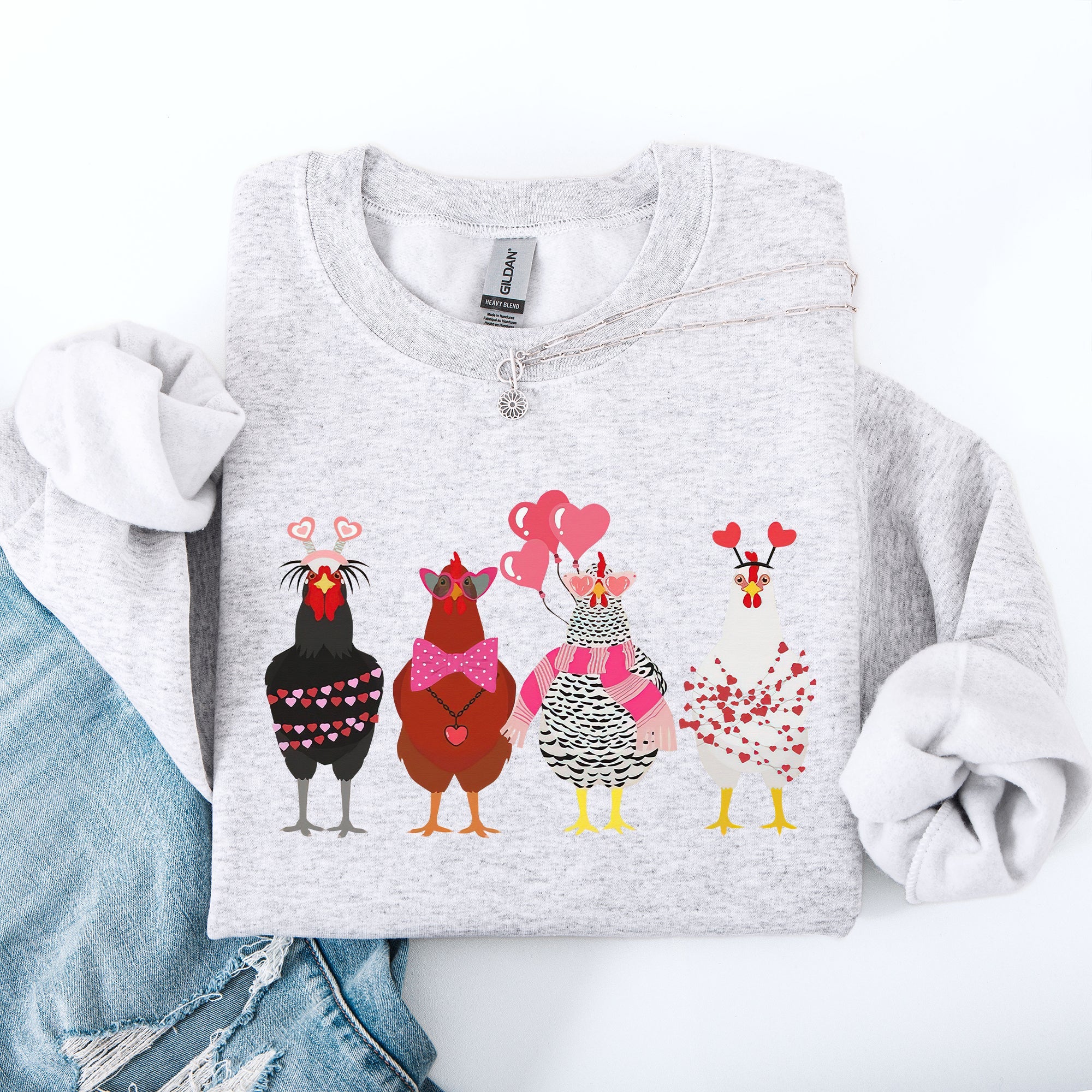 Valentine's Chickens Love Hearts Whimsical Farmhouse Cozy Design For Farm Lovers Sweatshirt