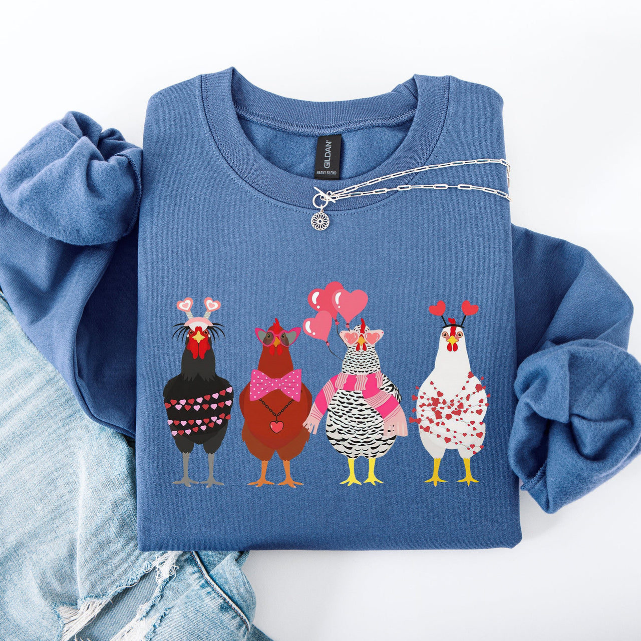 Valentine's Chickens Love Hearts Whimsical Farmhouse Cozy Design For Farm Lovers Sweatshirt