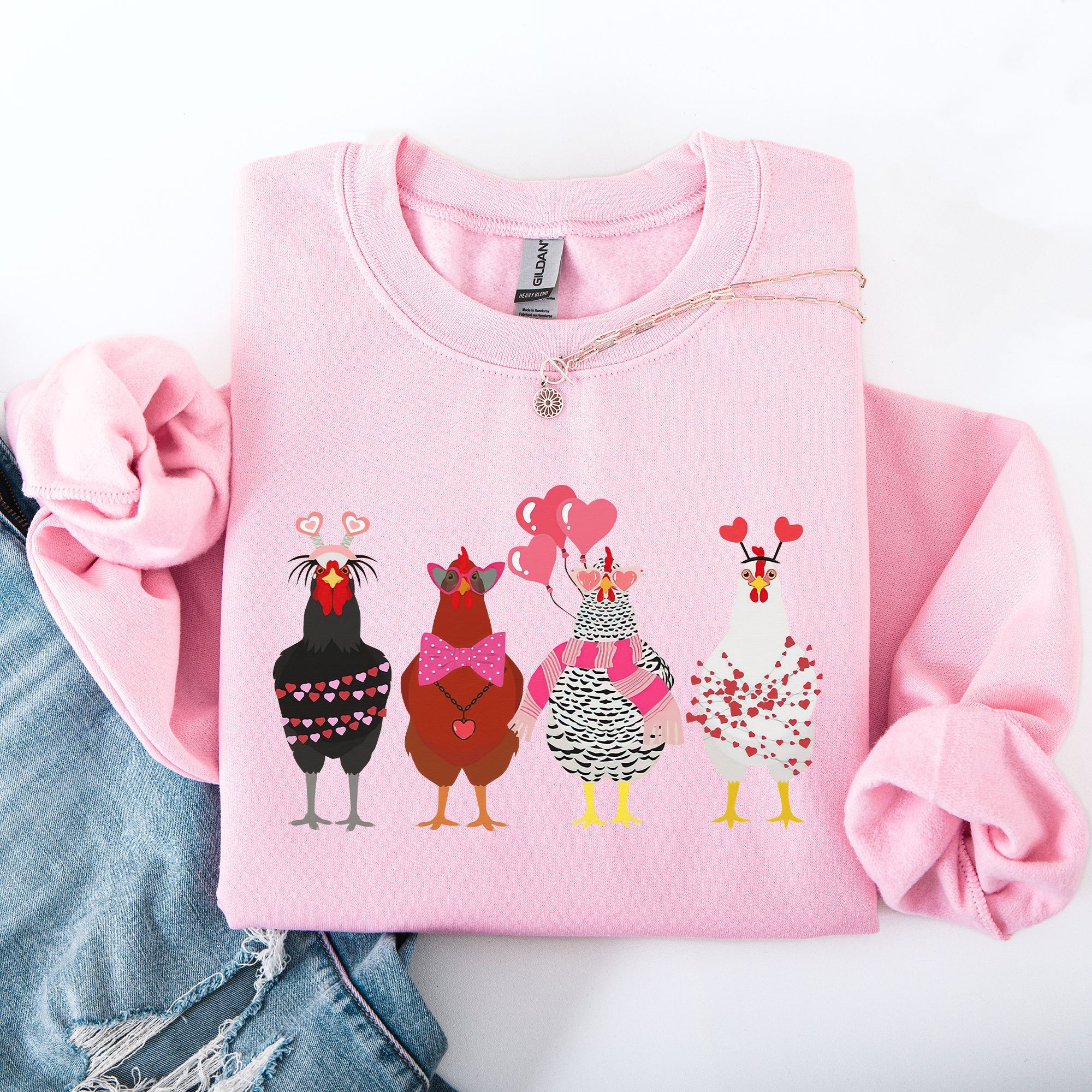 Valentine's Chickens Love Hearts Whimsical Farmhouse Cozy Design For Farm Lovers Sweatshirt
