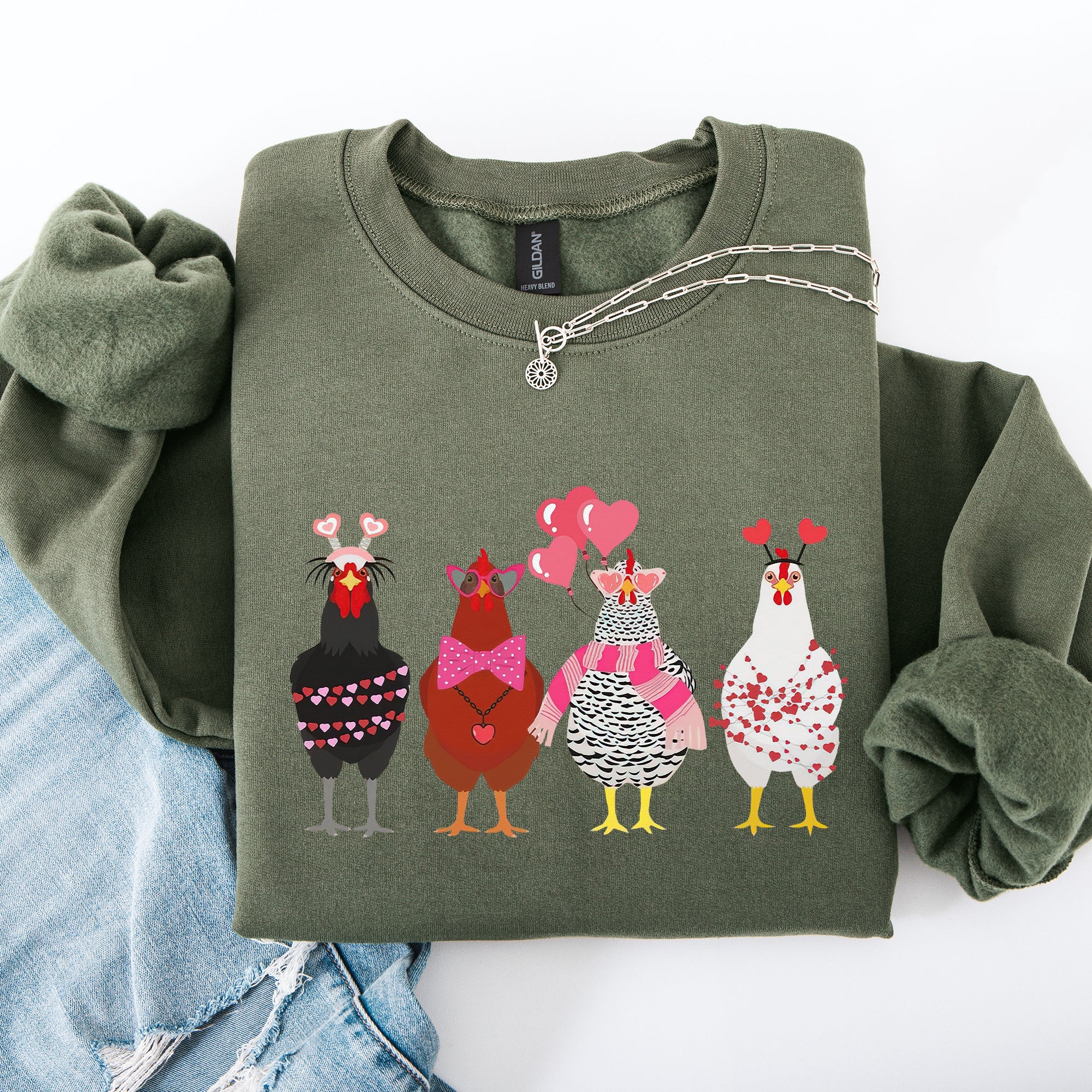 Valentine's Chickens Love Hearts Whimsical Farmhouse Cozy Design For Farm Lovers Sweatshirt