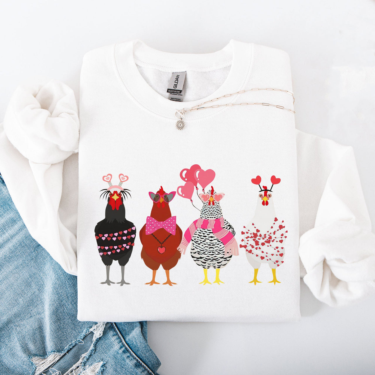 Valentine's Chickens Love Hearts Whimsical Farmhouse Cozy Design For Farm Lovers Sweatshirt