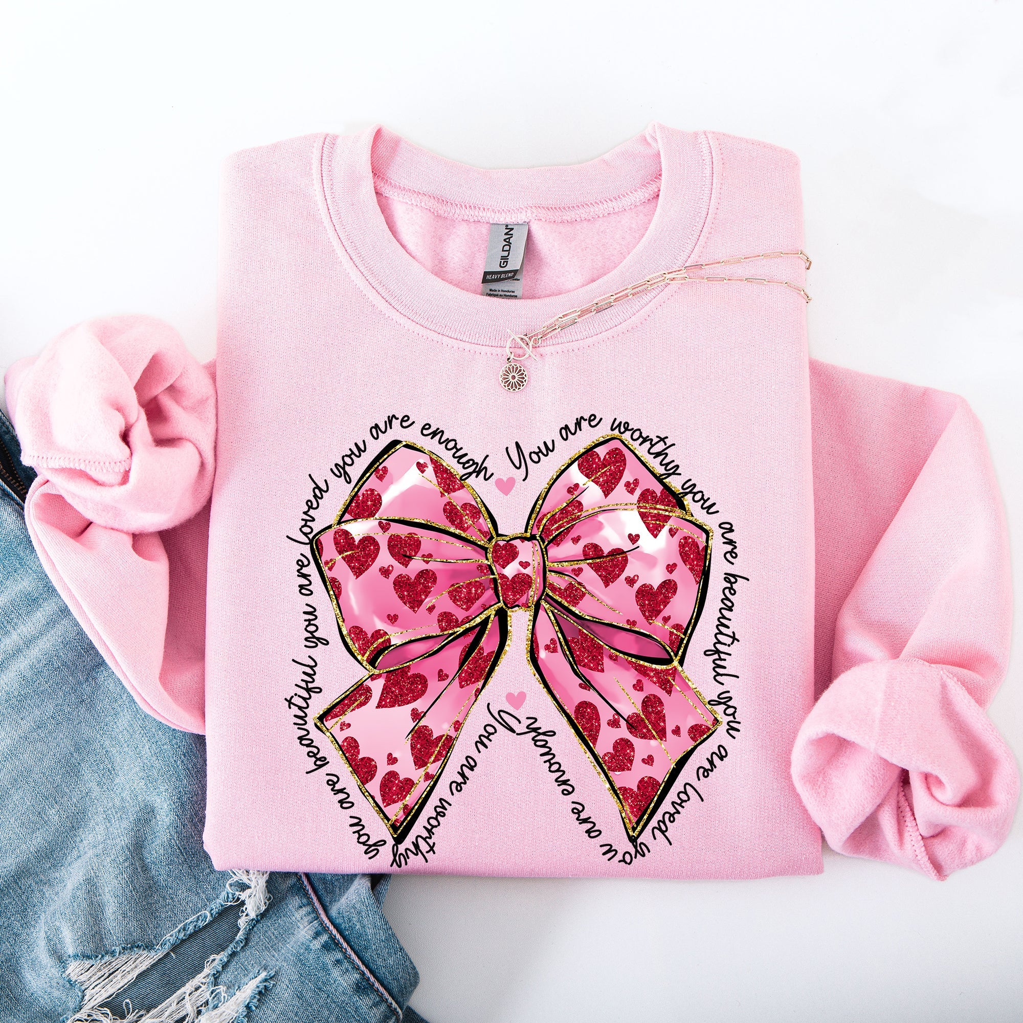 Valentine's Day Affirmations Loved Enough Worthy Positivity Ribbon Love Heart Sweatshirt