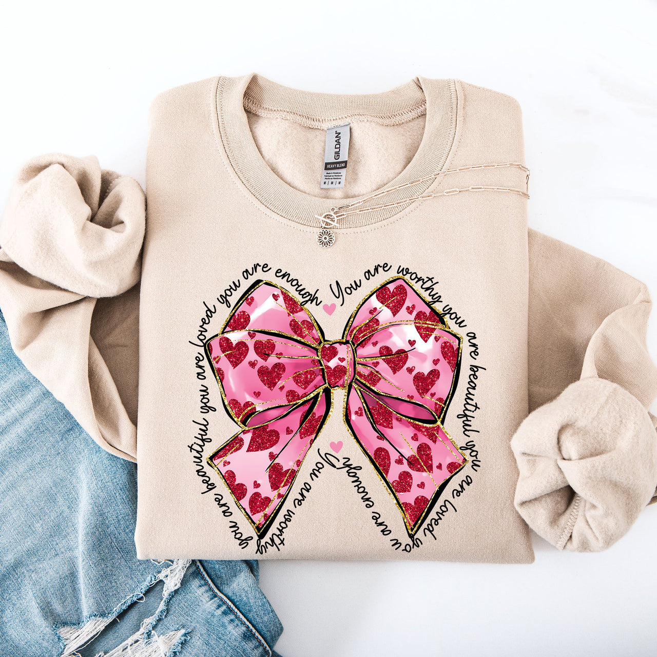 Valentine's Day Affirmations Loved Enough Worthy Positivity Ribbon Love Heart Sweatshirt