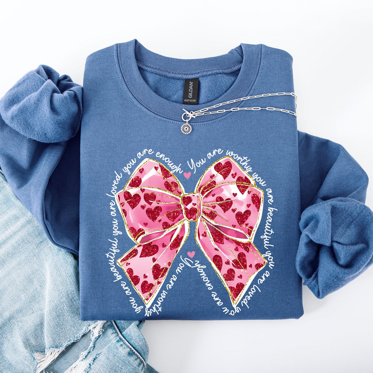 Valentine's Day Affirmations Loved Enough Worthy Positivity Ribbon Love Heart Sweatshirt