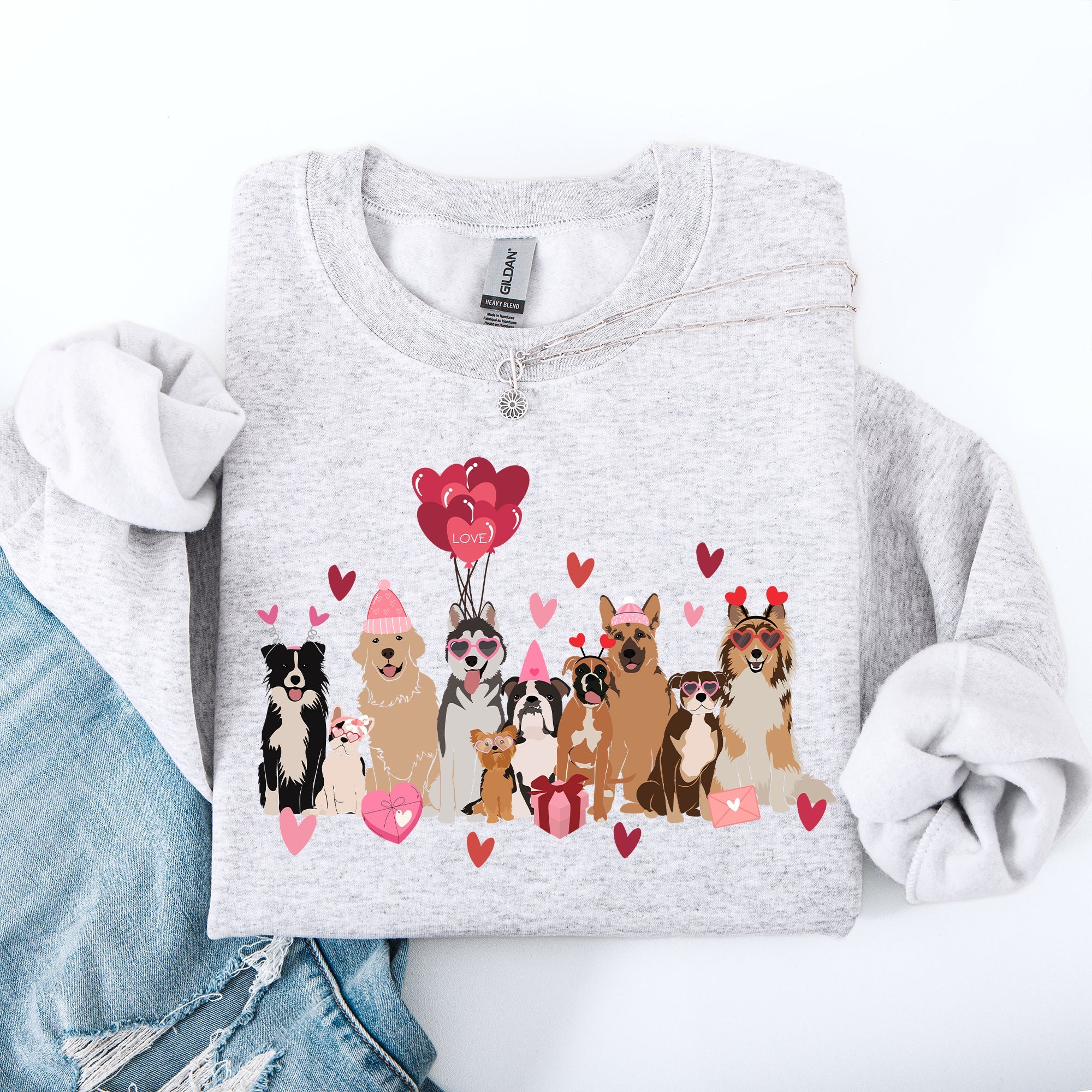 Valentine's Dogs Balloons Hearts Paw Prints Animal Lover Theme Cozy Cartoon Style Sweatshirt