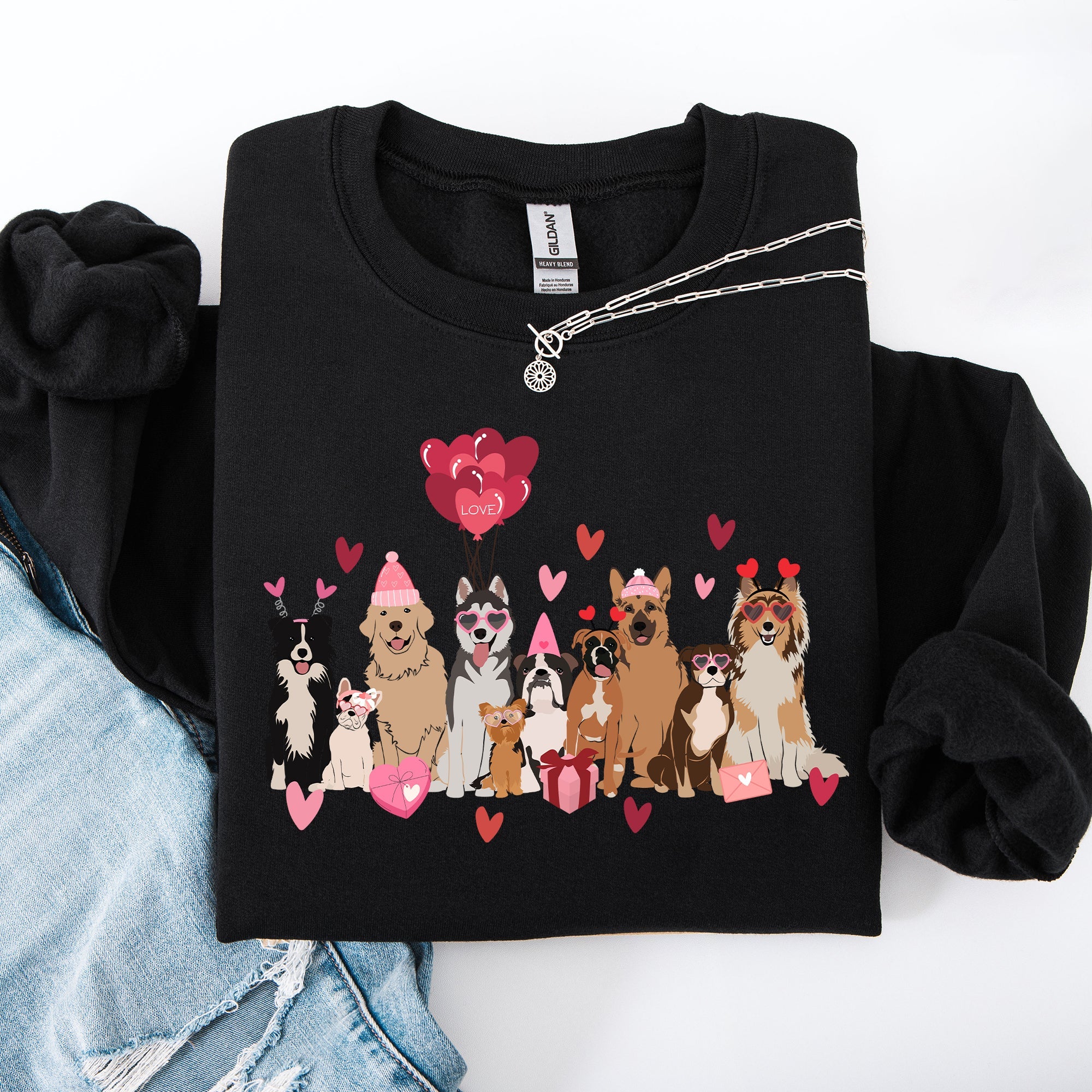 Valentine's Dogs Balloons Hearts Paw Prints Animal Lover Theme Cozy Cartoon Style Sweatshirt