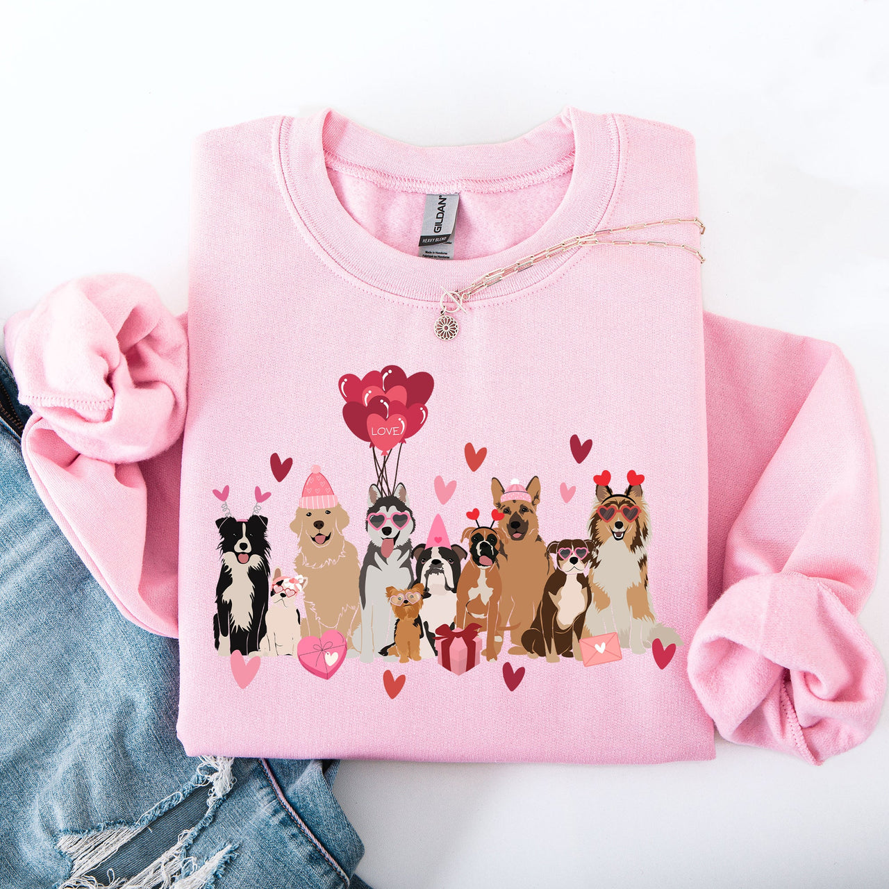 Valentine's Dogs Balloons Hearts Paw Prints Animal Lover Theme Cozy Cartoon Style Sweatshirt