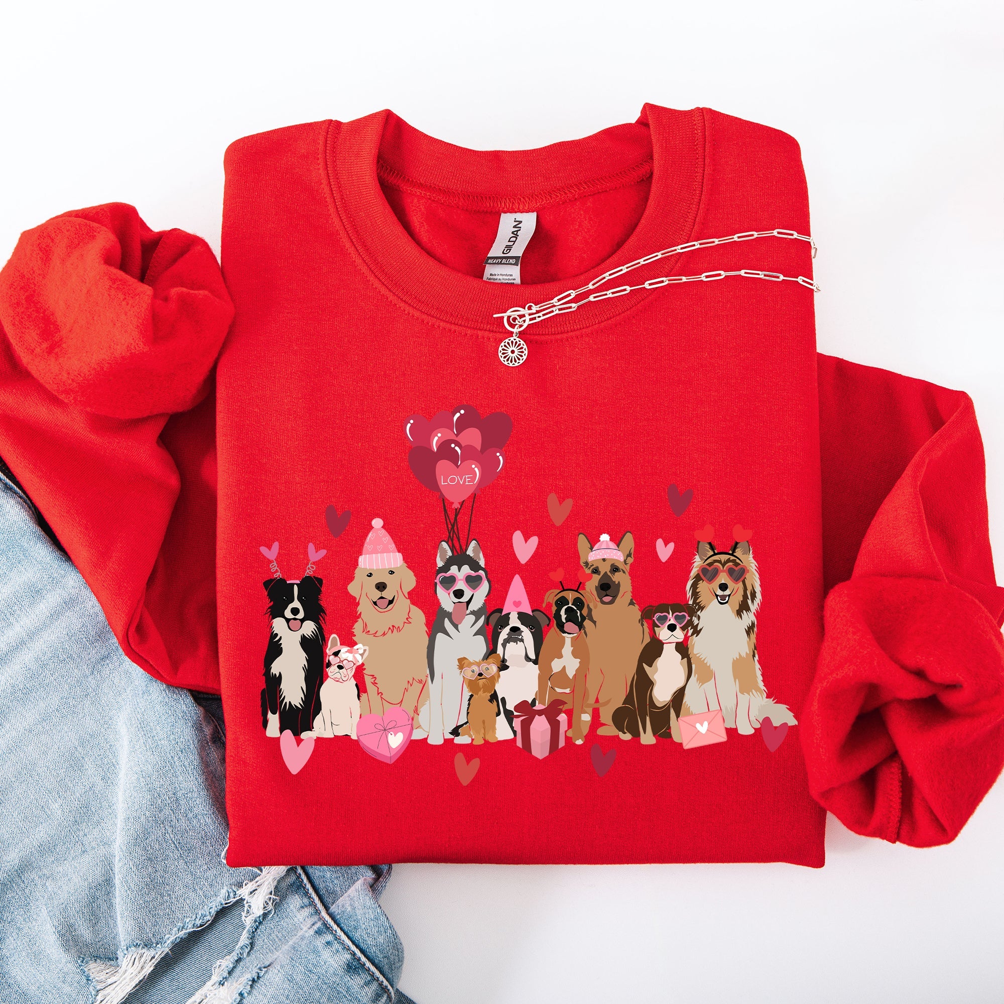 Valentine's Dogs Balloons Hearts Paw Prints Animal Lover Theme Cozy Cartoon Style Sweatshirt