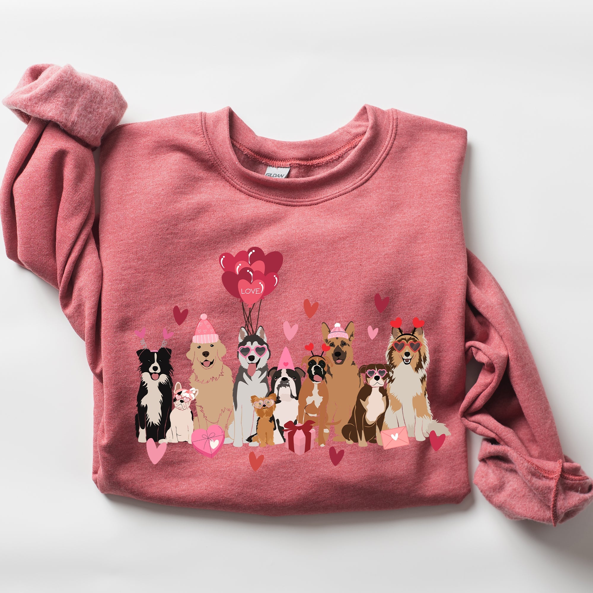 Valentine's Dogs Balloons Hearts Paw Prints Animal Lover Theme Cozy Cartoon Style Sweatshirt