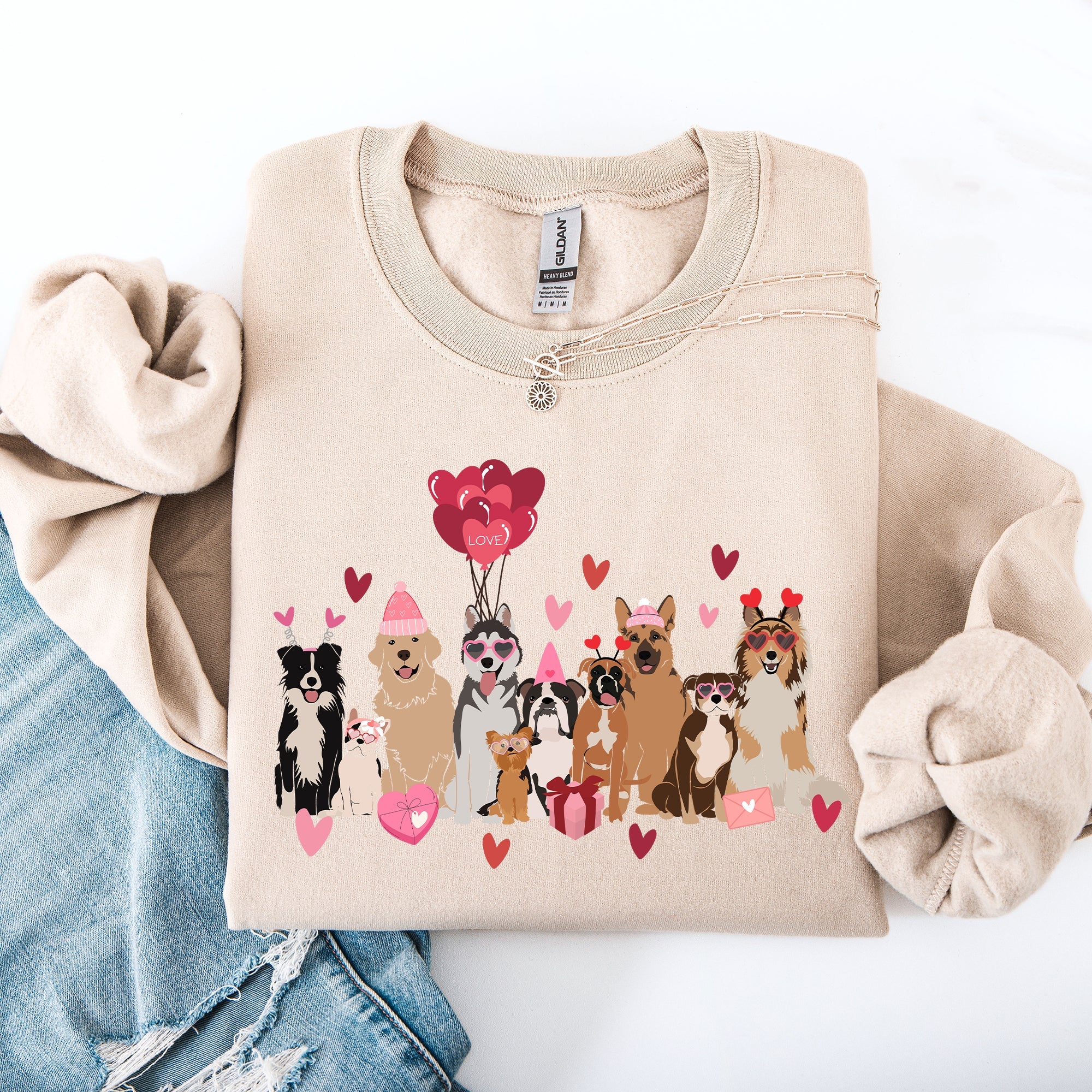 Valentine's Dogs Balloons Hearts Paw Prints Animal Lover Theme Cozy Cartoon Style Sweatshirt