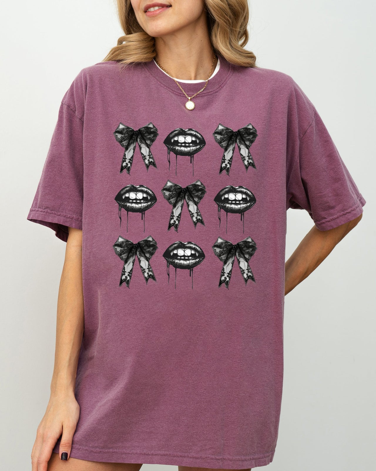 Vampire Black Bows Coquette Ribbons Halloween Lace Gothic Spooky Scary Fangs Comfort Colors Tee