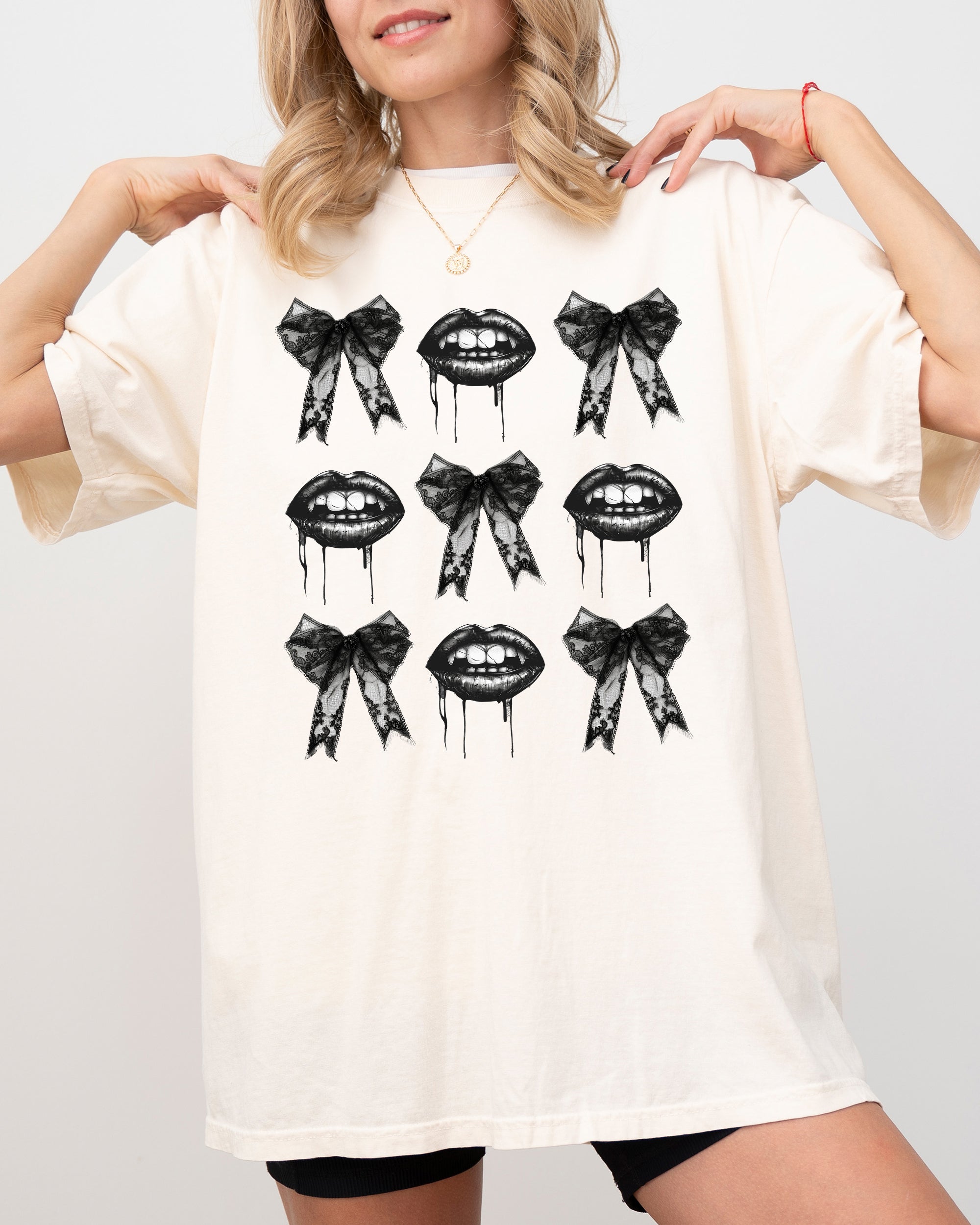 Vampire Black Bows Coquette Ribbons Halloween Lace Gothic Spooky Scary Fangs Comfort Colors Tee