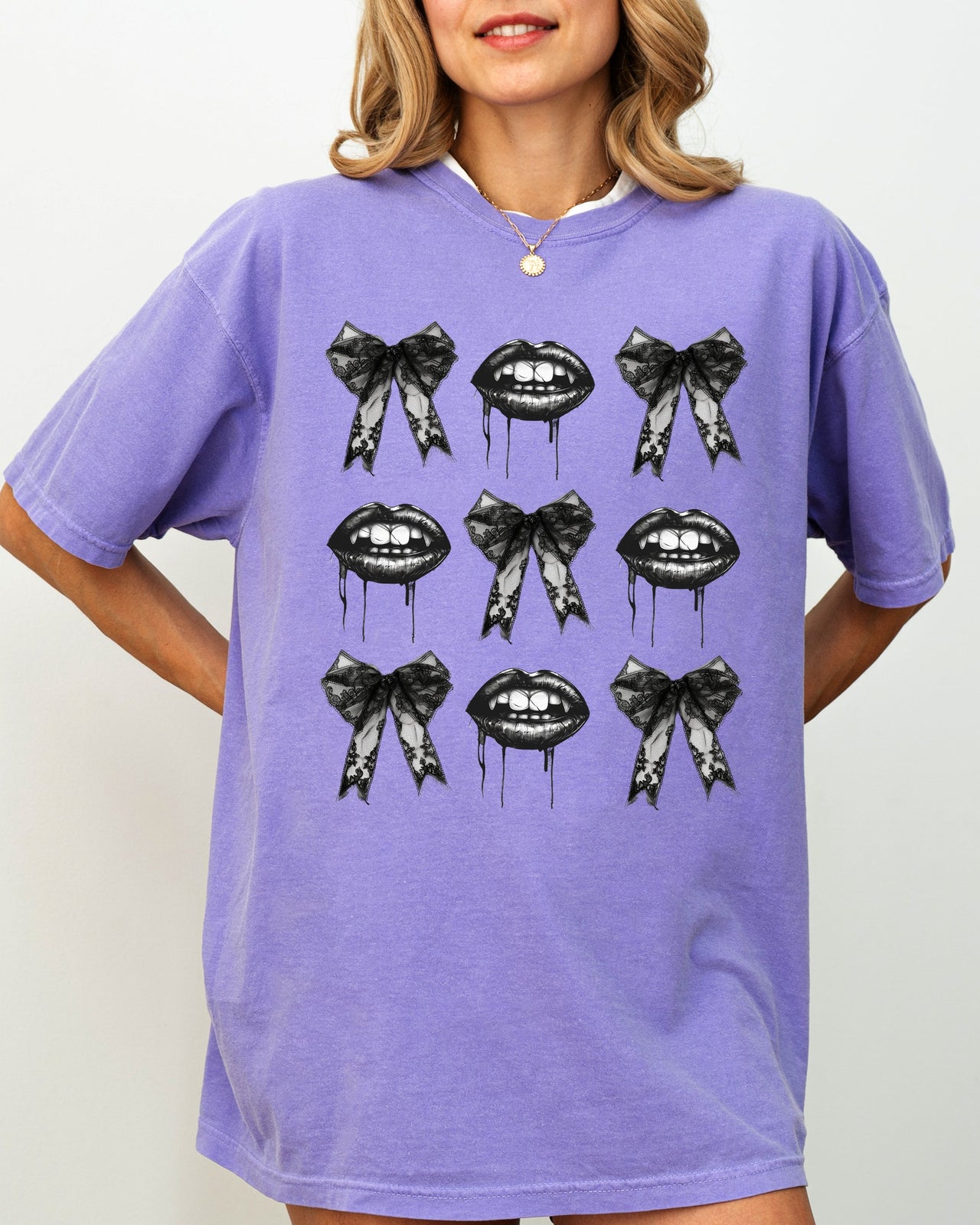 Vampire Black Bows Coquette Ribbons Halloween Lace Gothic Spooky Scary Fangs Comfort Colors Tee