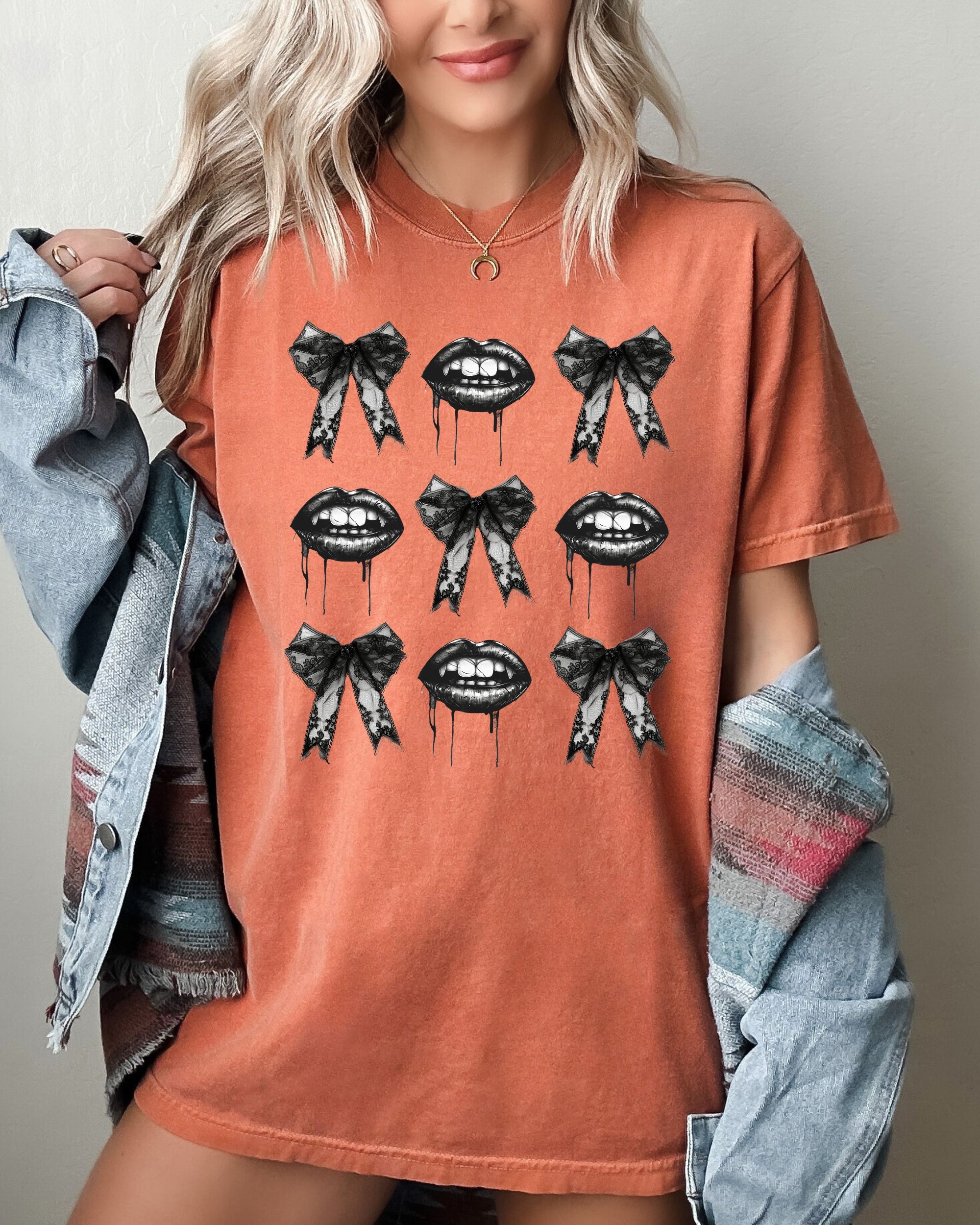 Vampire Black Bows Coquette Ribbons Halloween Lace Gothic Spooky Scary Fangs Comfort Colors Tee