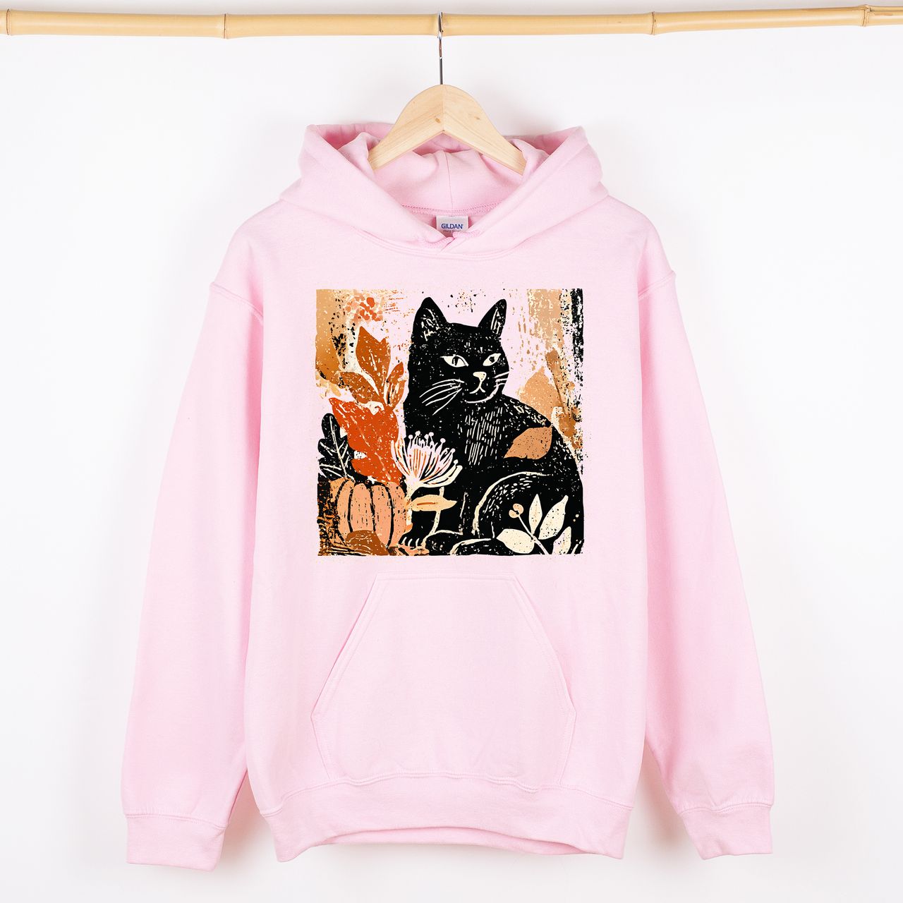 Vintage Black Cat Halloween Pumpkin Motif Retro Style Spooky Feline Night Scene Artwork Graphic Hoodie