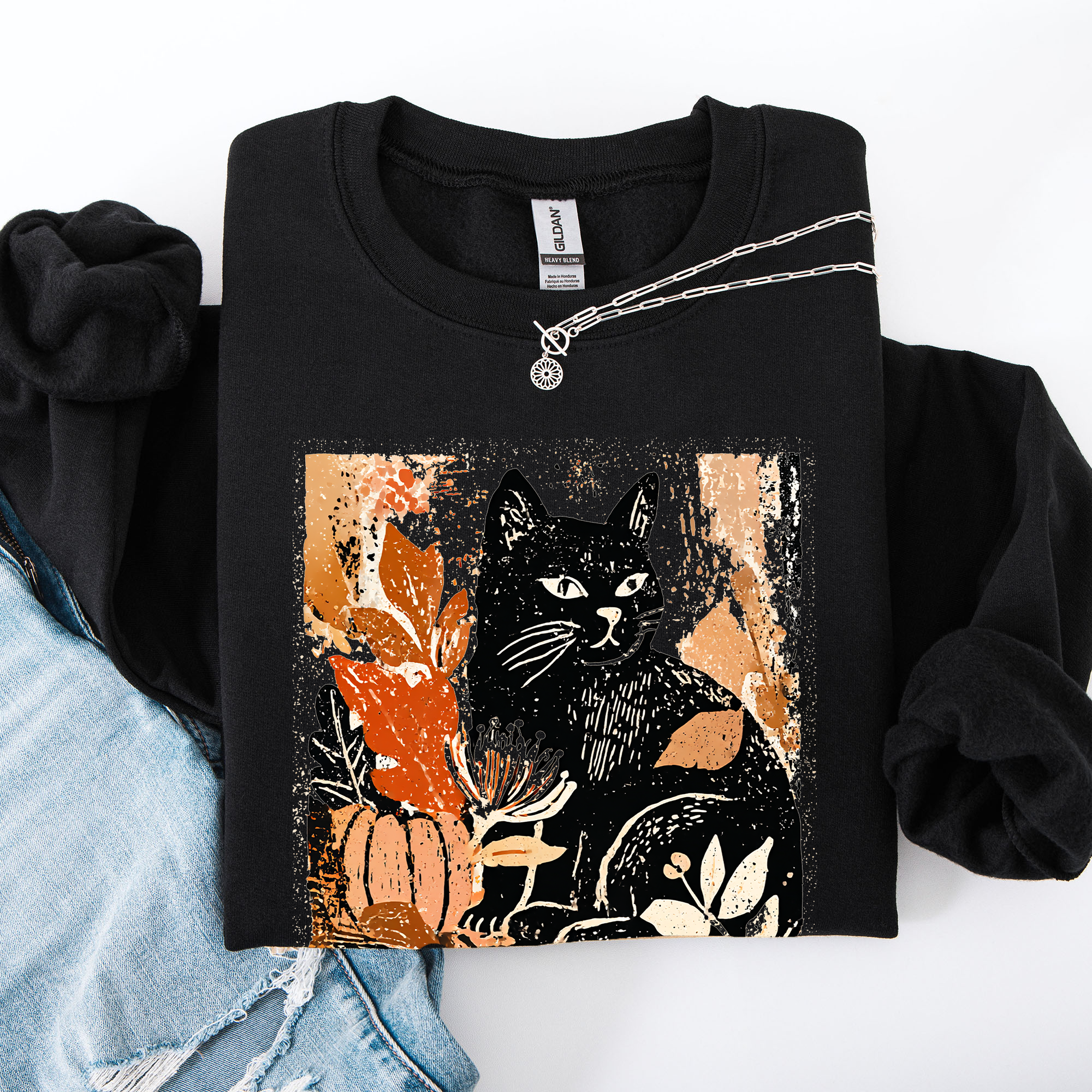 Vintage Black Cat Halloween Autumn Pumpkin Cozy Soft Fleece Vintage Inspired Design Sweatshirt