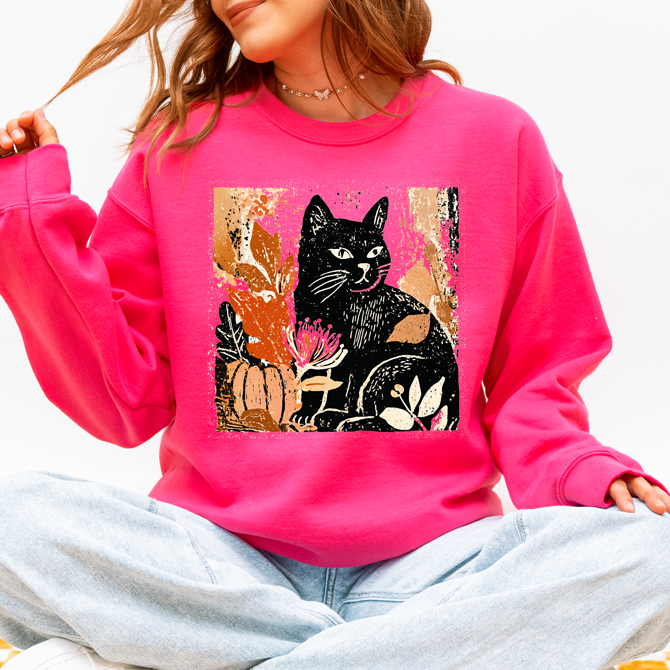 Vintage Black Cat Halloween Autumn Pumpkin Cozy Soft Fleece Vintage Inspired Design Sweatshirt