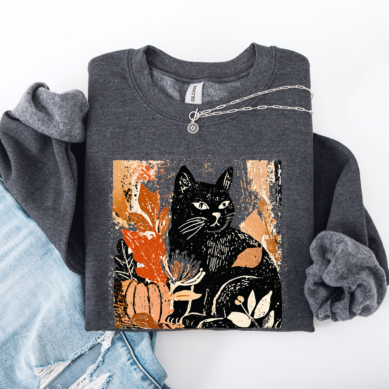 Vintage Black Cat Halloween Autumn Pumpkin Cozy Soft Fleece Vintage Inspired Design Sweatshirt