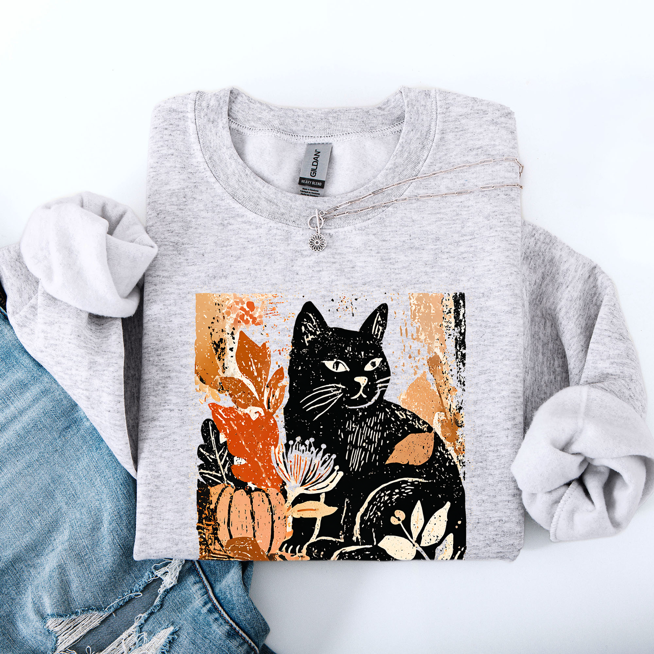 Vintage Black Cat Halloween Autumn Pumpkin Cozy Soft Fleece Vintage Inspired Design Sweatshirt