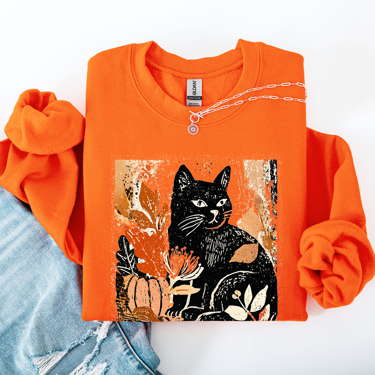 Vintage Black Cat Halloween Autumn Pumpkin Cozy Soft Fleece Vintage Inspired Design Sweatshirt