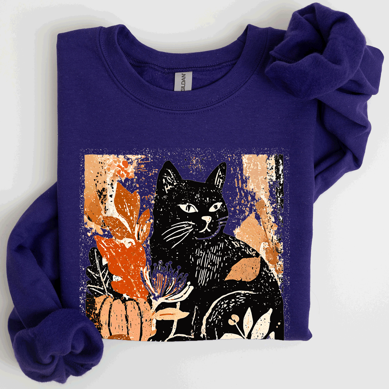 Vintage Black Cat Halloween Autumn Pumpkin Cozy Soft Fleece Vintage Inspired Design Sweatshirt