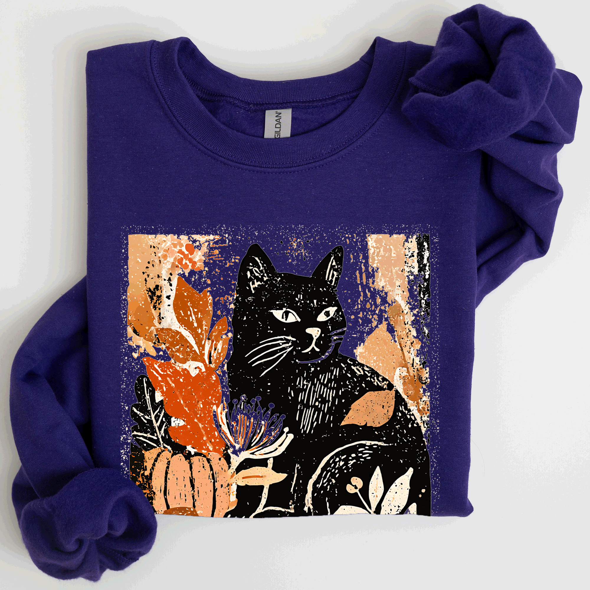 Vintage Black Cat Halloween Autumn Pumpkin Cozy Soft Fleece Vintage Inspired Design Sweatshirt