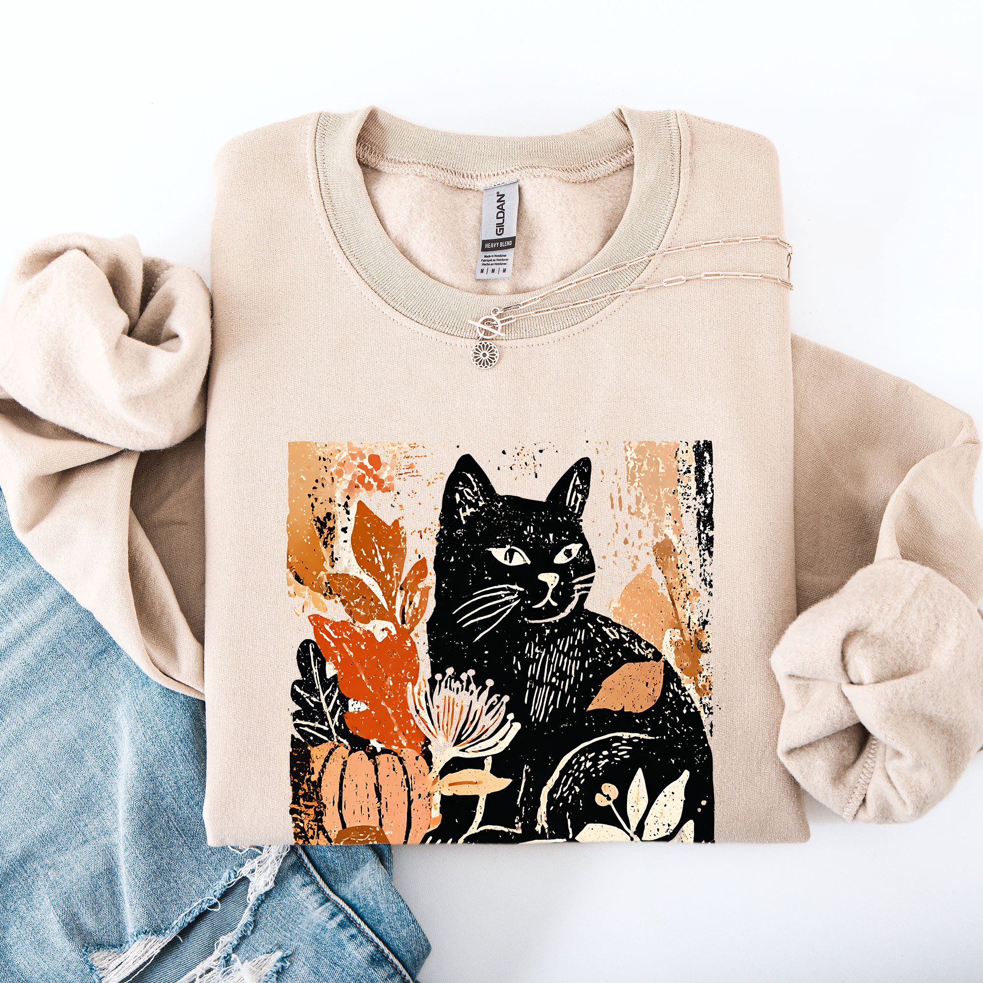 Vintage Black Cat Halloween Autumn Pumpkin Cozy Soft Fleece Vintage Inspired Design Sweatshirt