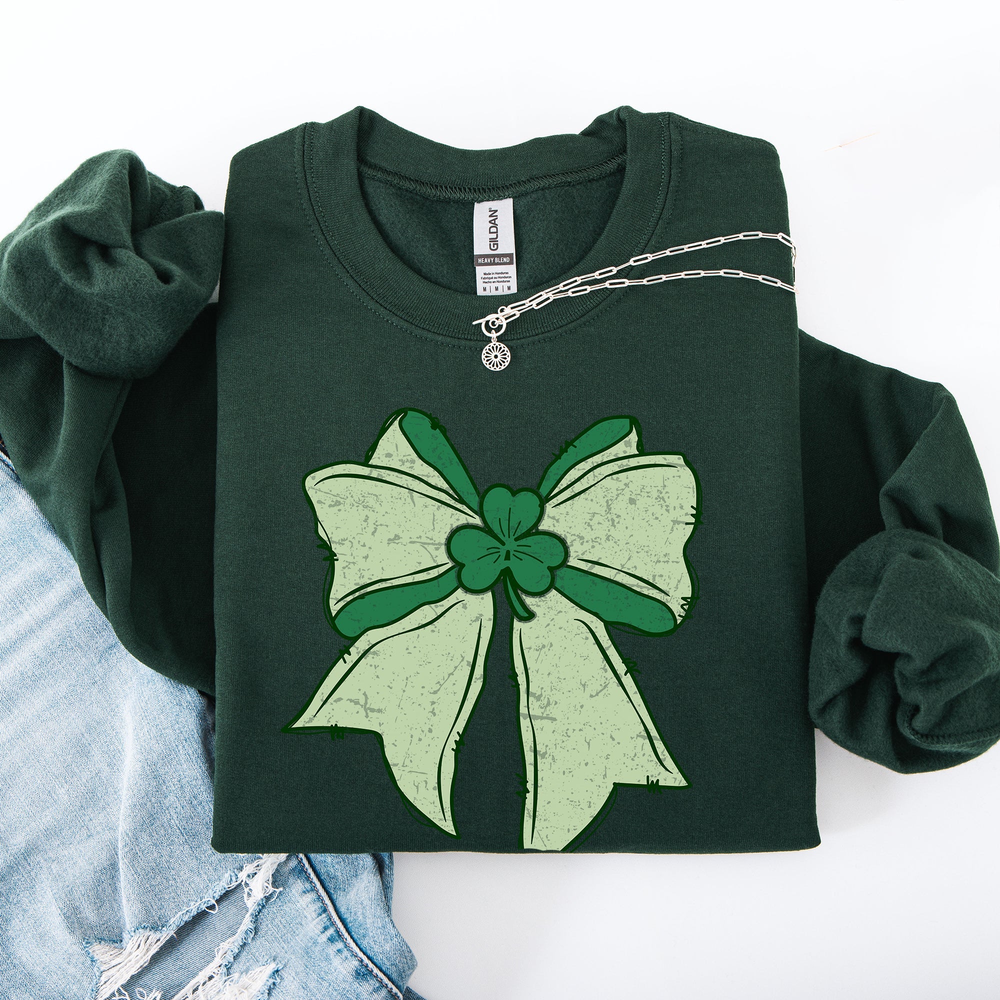 Vintage Bow Coquette St Patrick's Day Shamrock Clover Leprechaun Lucky Sweatshirt