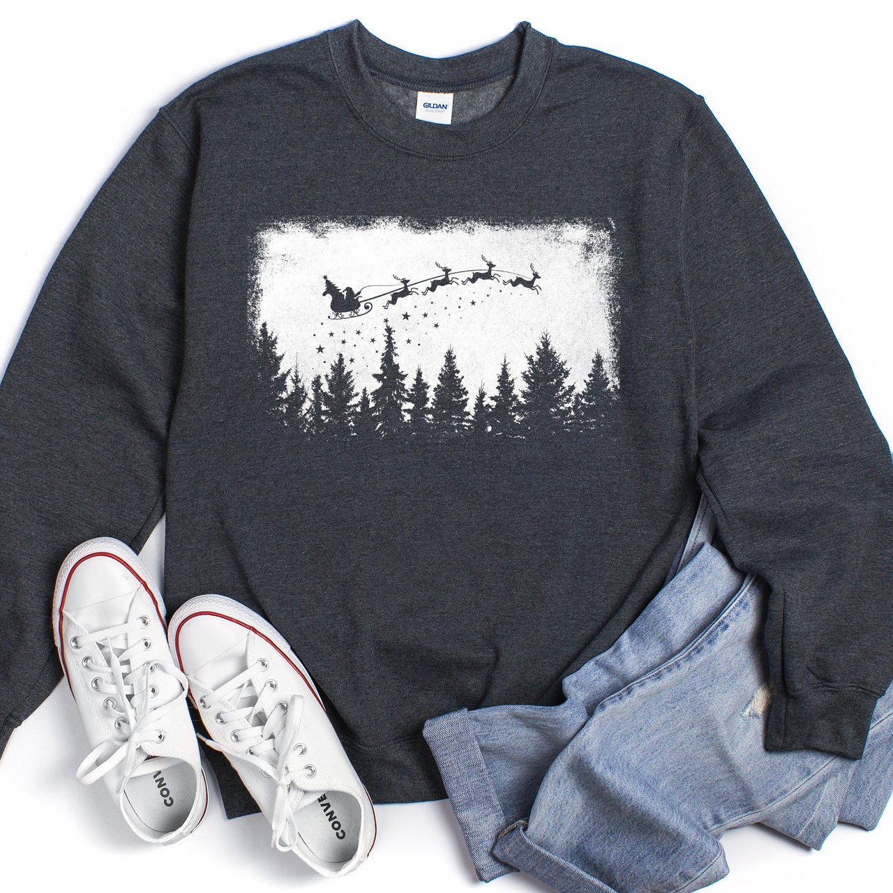 Cozy Vintage Pine Trees Christmas Silhouette Forest Scene Seasonal Holiday Sweatshirt