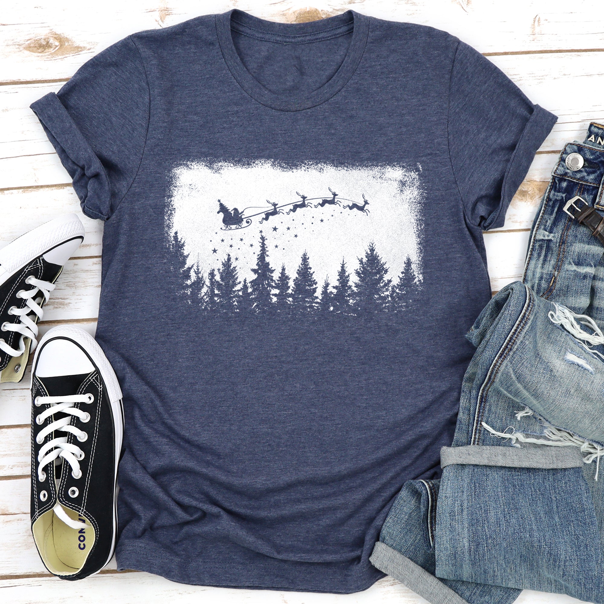 Vintage Pine Tree Christmas Silhouette Santa Reindeer Sleigh Holiday Graphic Tee