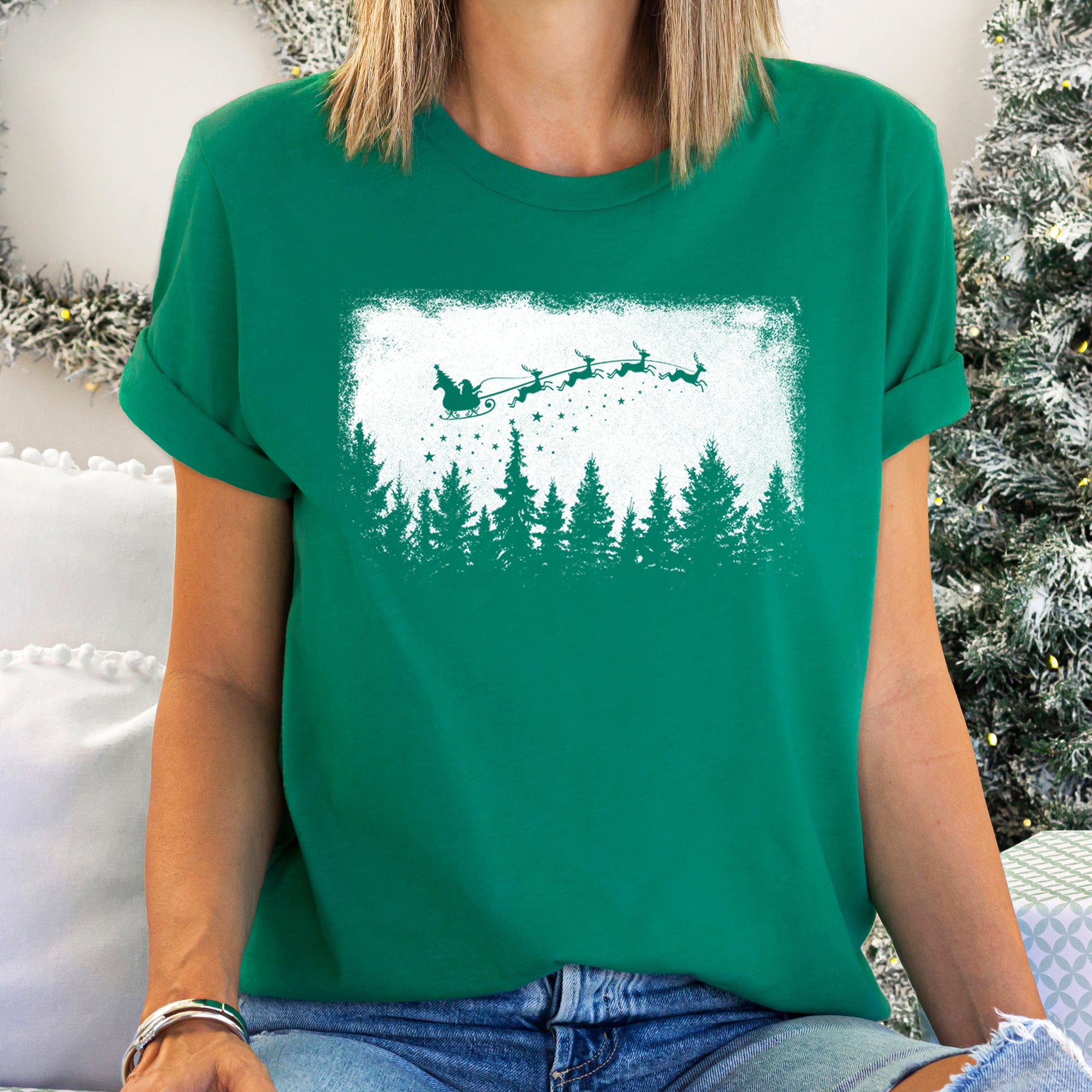 Vintage Pine Tree Christmas Silhouette Santa Reindeer Sleigh Holiday Graphic Tee