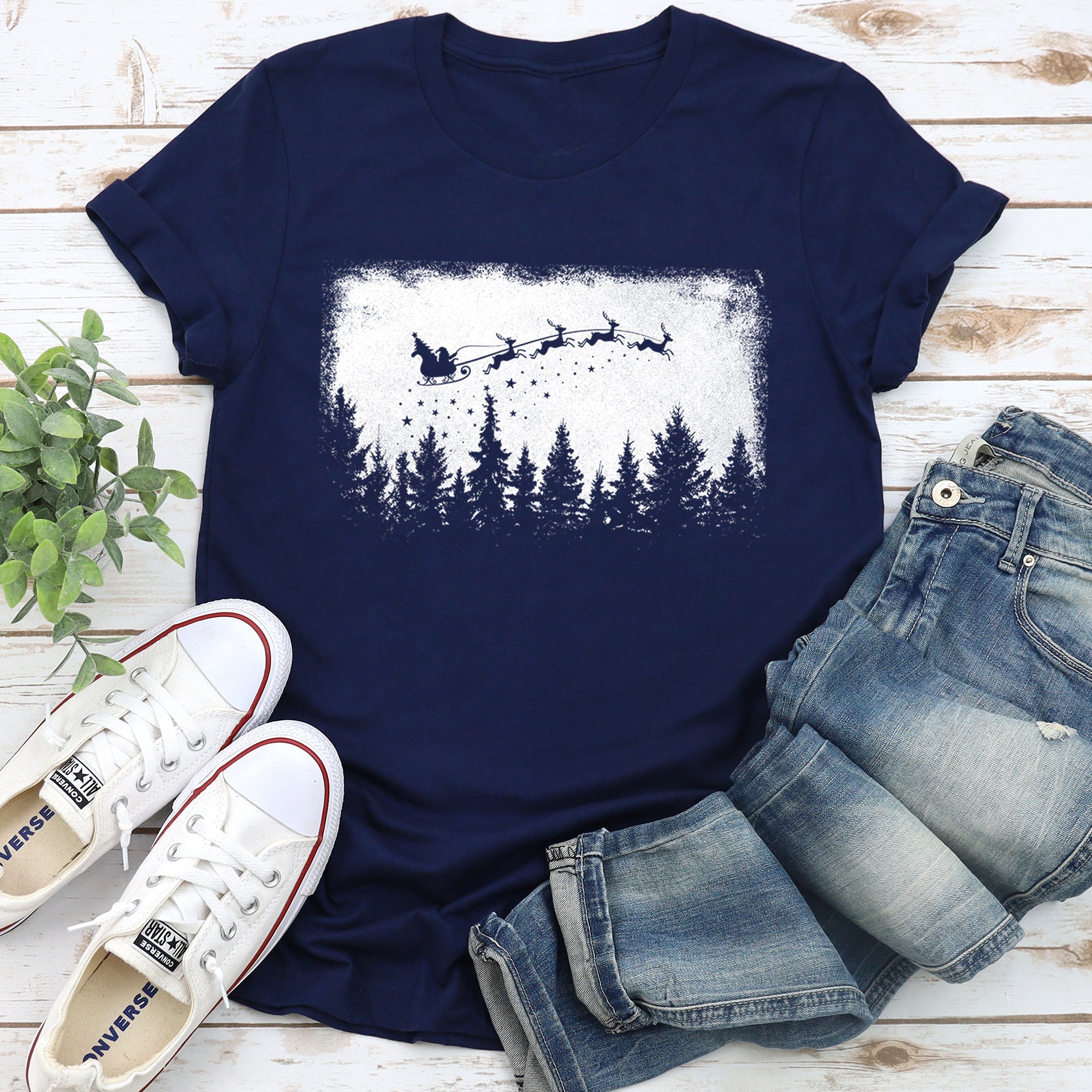 Vintage Pine Tree Christmas Silhouette Santa Reindeer Sleigh Holiday Graphic Tee
