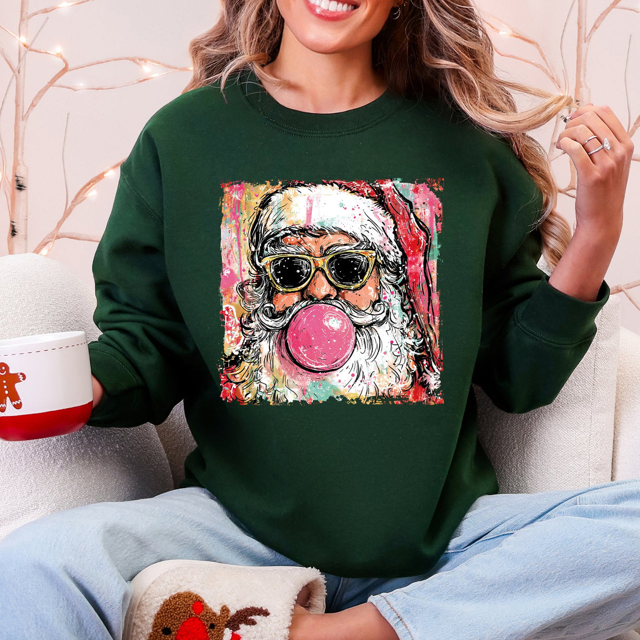 Vintage Santa Sketched Christmas Bubble Gum Illustration Retro Cozy Festive Seasonal Sweatshirt