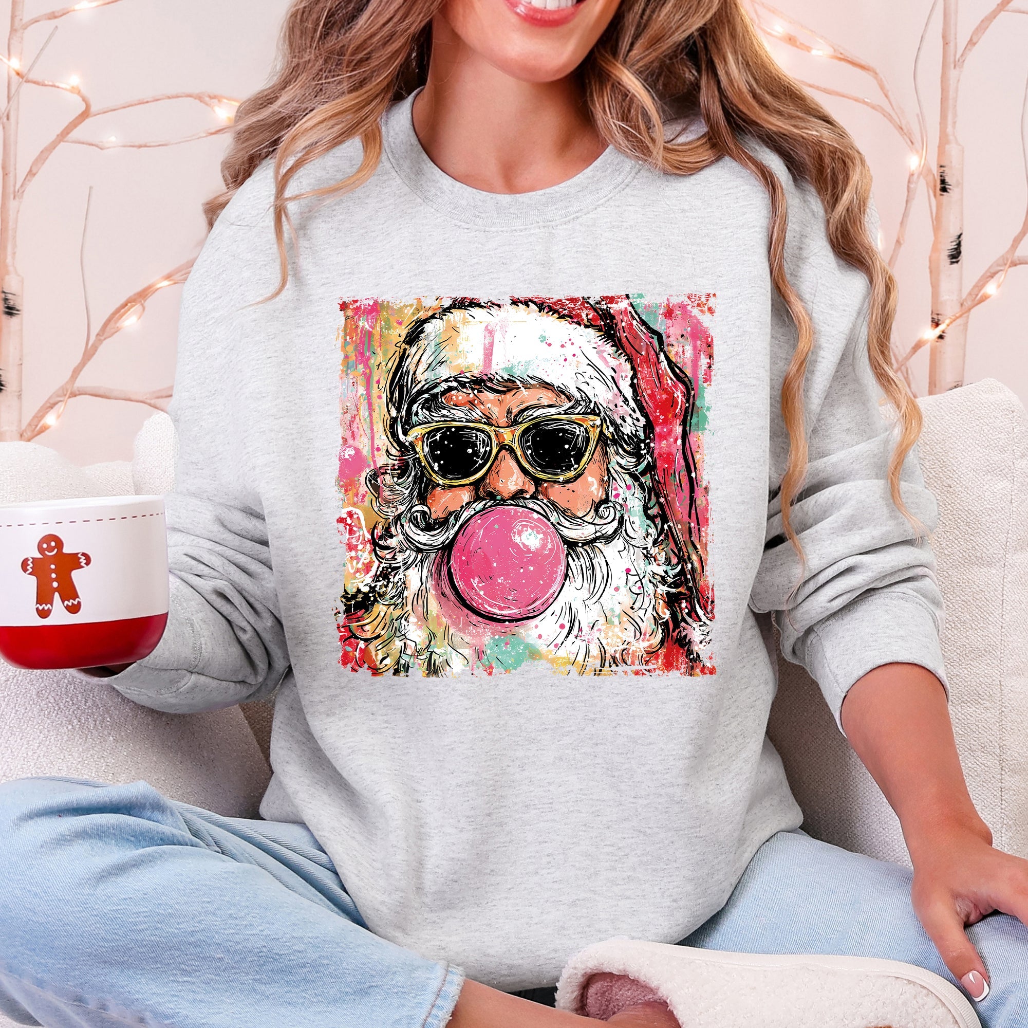 Vintage Santa Sketched Christmas Bubble Gum Illustration Retro Cozy Festive Seasonal Sweatshirt