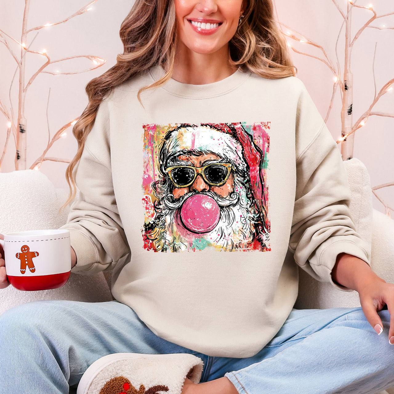 Vintage Santa Sketched Christmas Bubble Gum Illustration Retro Cozy Festive Seasonal Sweatshirt