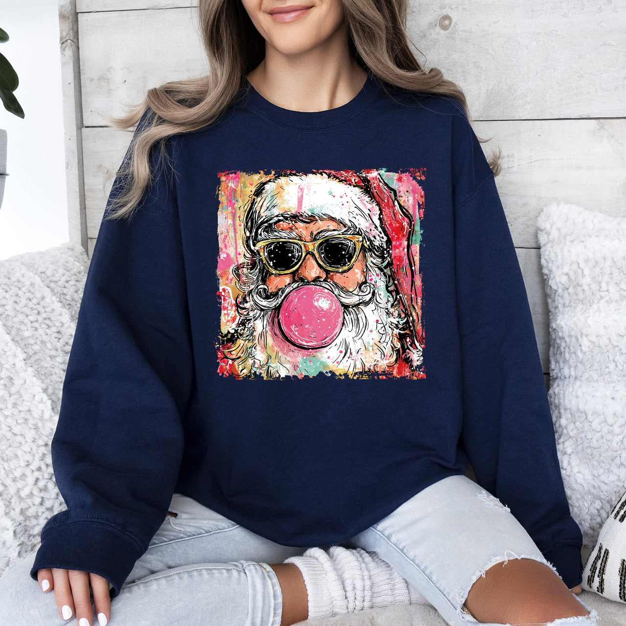Vintage Santa Sketched Christmas Bubble Gum Illustration Retro Cozy Festive Seasonal Sweatshirt