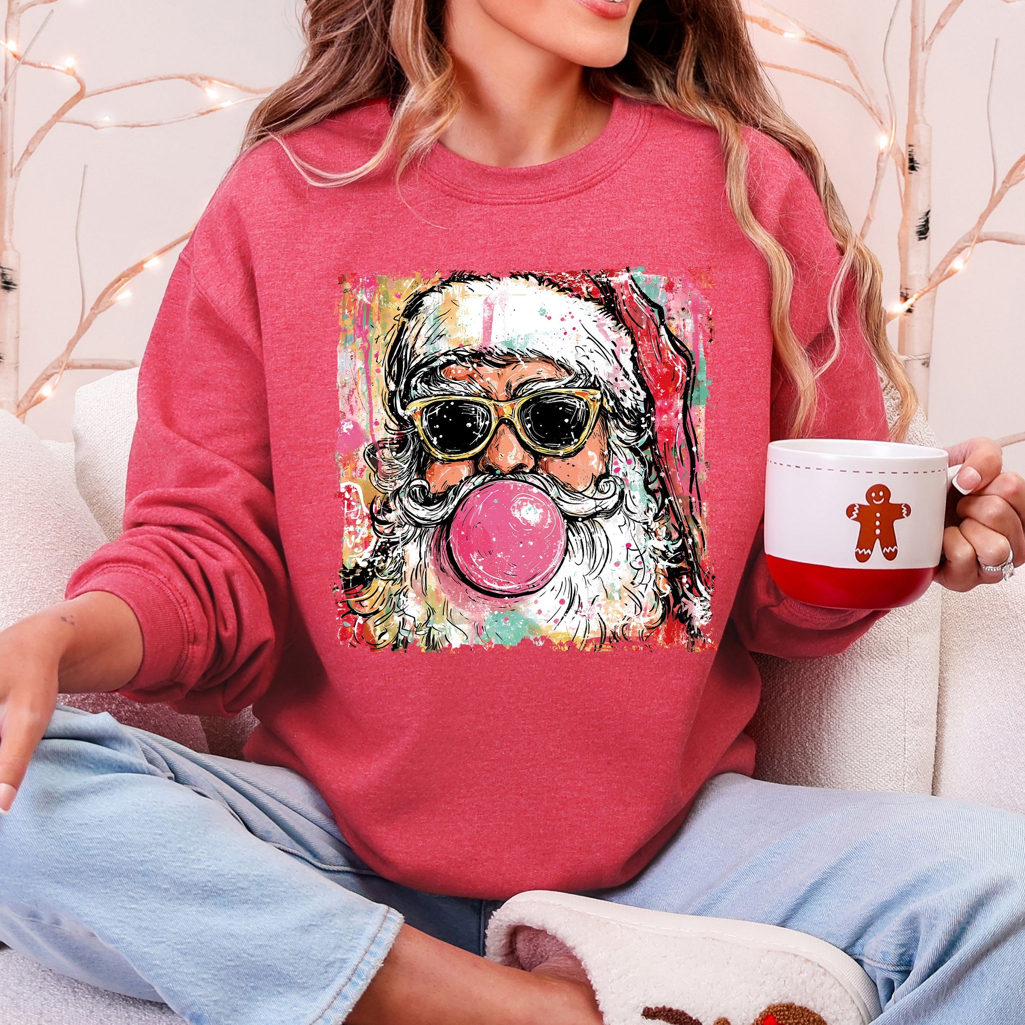 Vintage Santa Sketched Christmas Bubble Gum Illustration Retro Cozy Festive Seasonal Sweatshirt