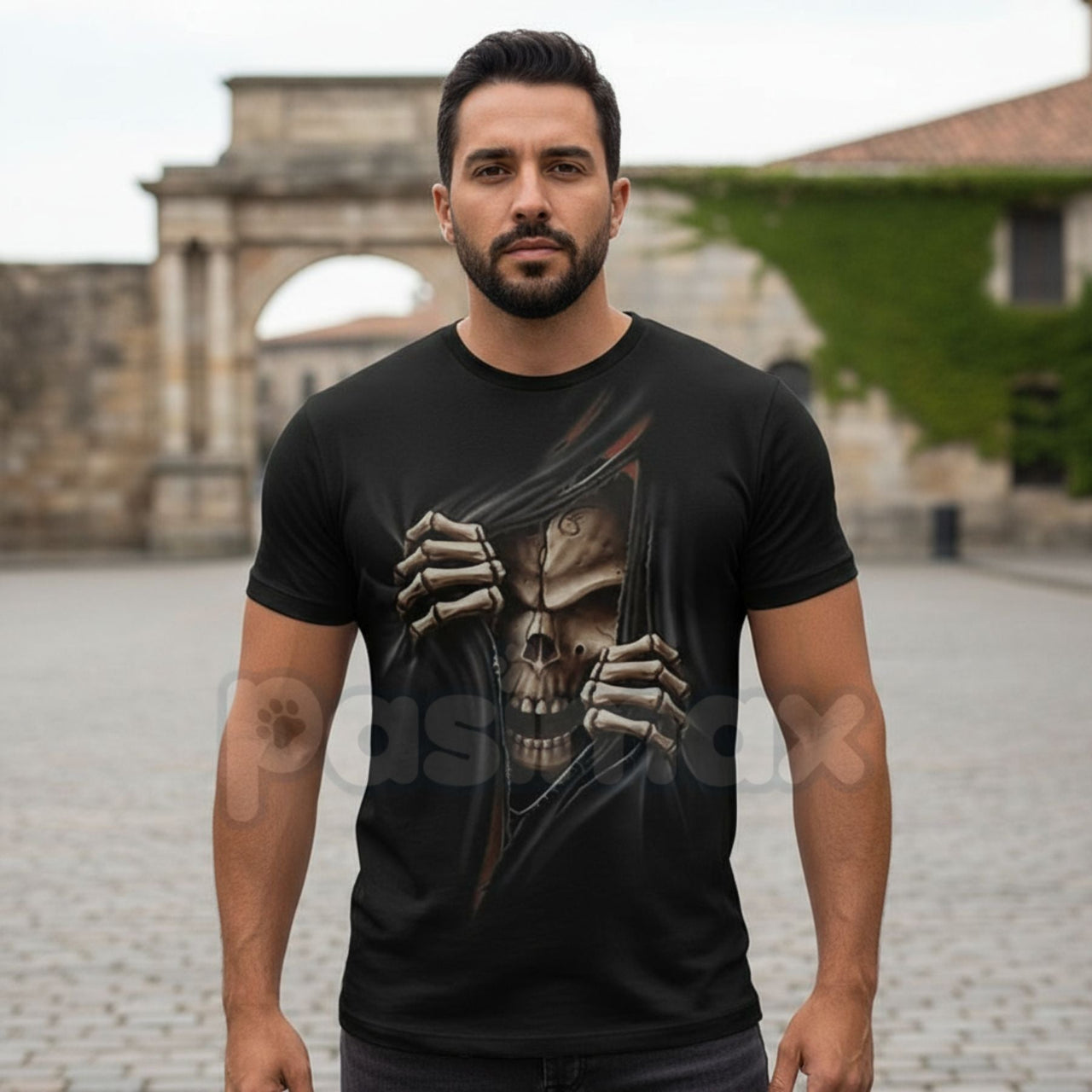 Vintage Skeleton Skull Graphic T-Shirt - Retro Biker Aesthetic Human Skull Tee, Premium 100% Cotton Distressed Streetwear Top, Desert Grunge Rock & Roll Apparel, Soft Lived-In Heavyweight Skeleton Shirt, Made in USA Hand-Drawn Graphic