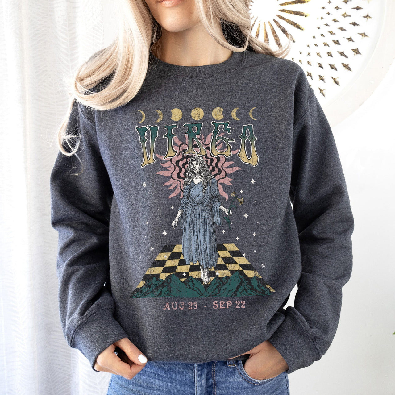 Virgo Zodiac Astrology Horoscope Constellation Moon Phases Crystal Talisman Graphic Sweatshirt