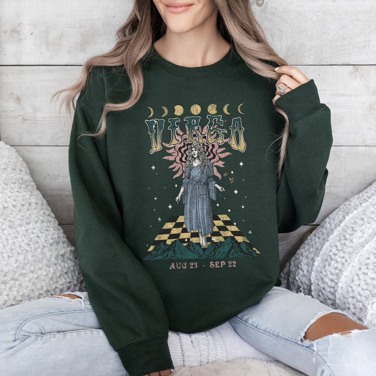 Virgo Zodiac Astrology Horoscope Constellation Moon Phases Crystal Talisman Graphic Sweatshirt